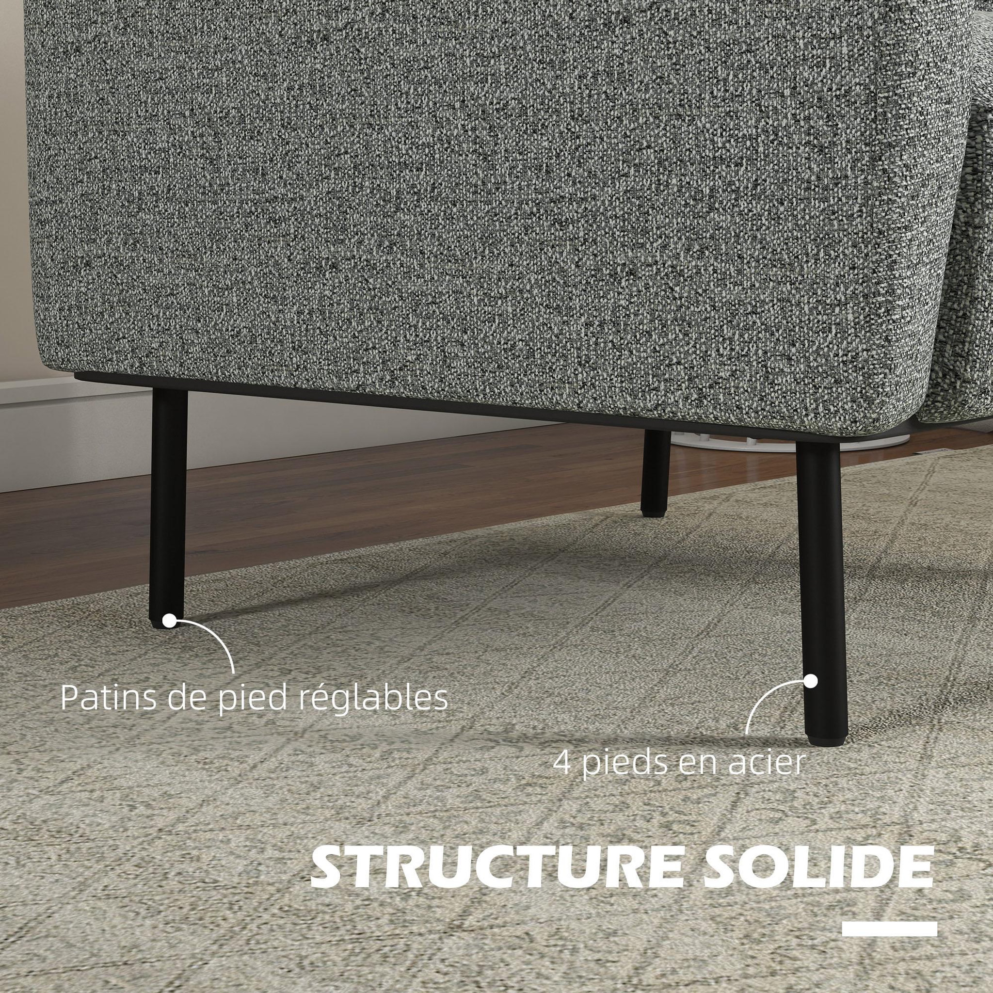 Voir la diapositive 6 : HOMCOM Fauteuil style contemporain grand confort piètement métal noir tissu toucher lin gris chiné