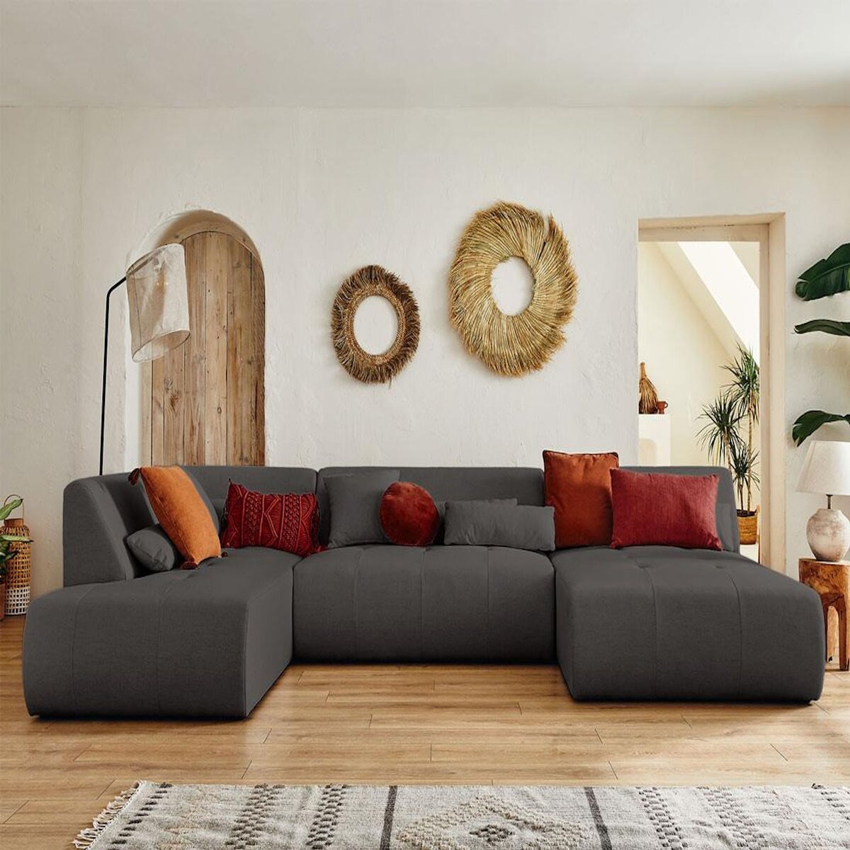 LISA DESIGN Onyx - canapé panoramique d'angle gauche 7 places - en tissu