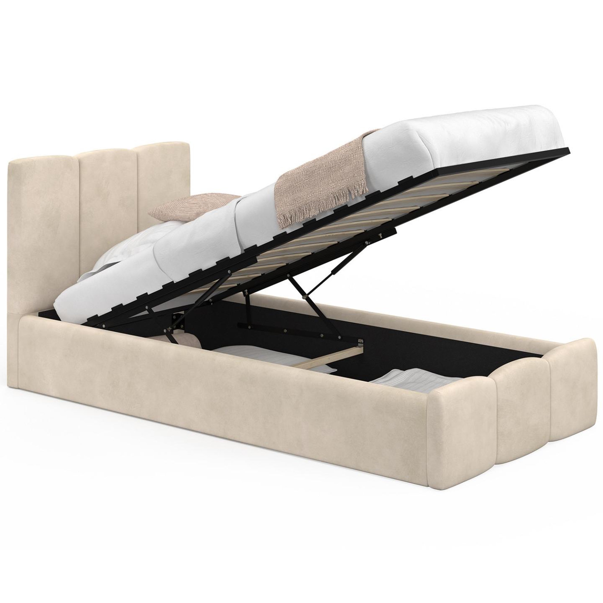 ID MARKET Lit coffre simple nuage avec tête de lit matelassée et sommier 90 x 190 cm velours beige