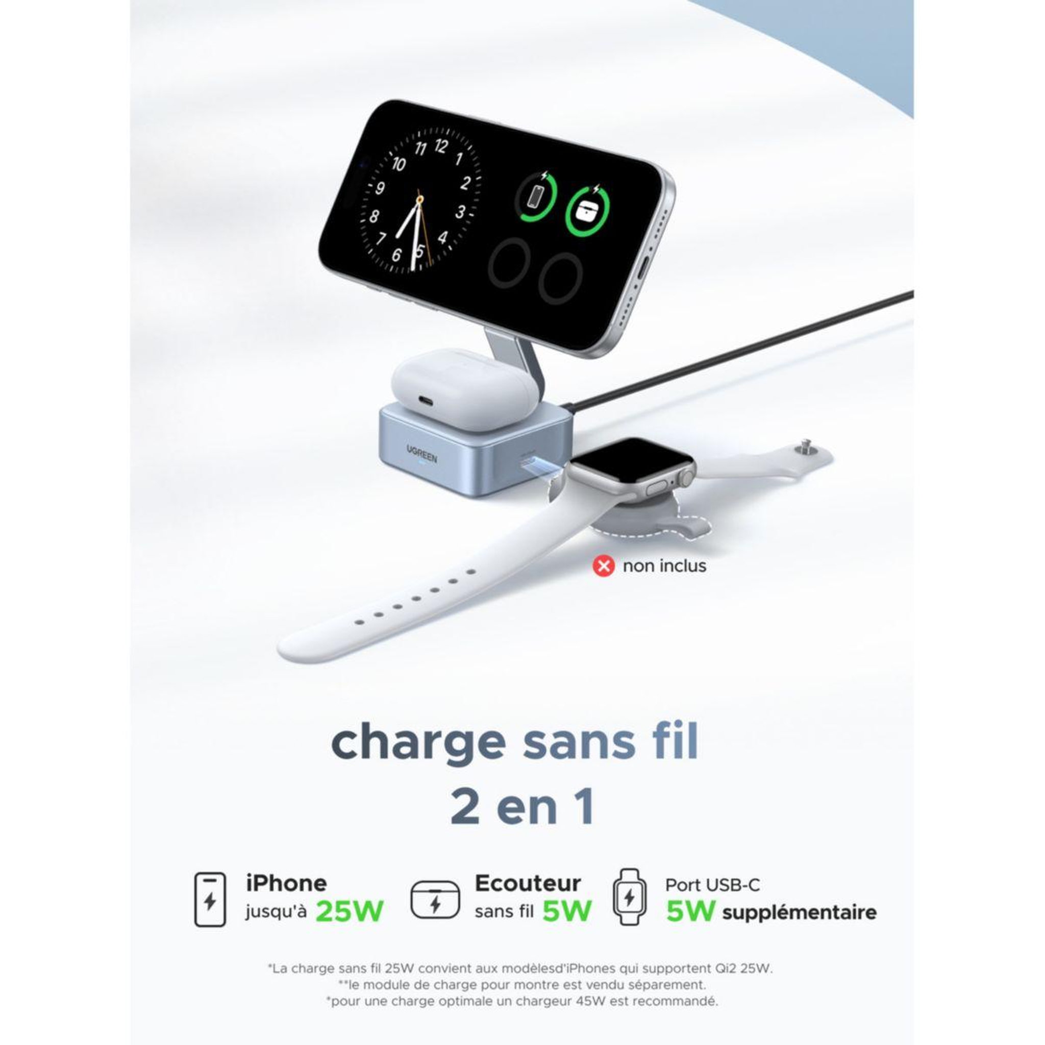 Voir la diapositive 4 : UGREEN Station de charge Magnetique 2 en 1