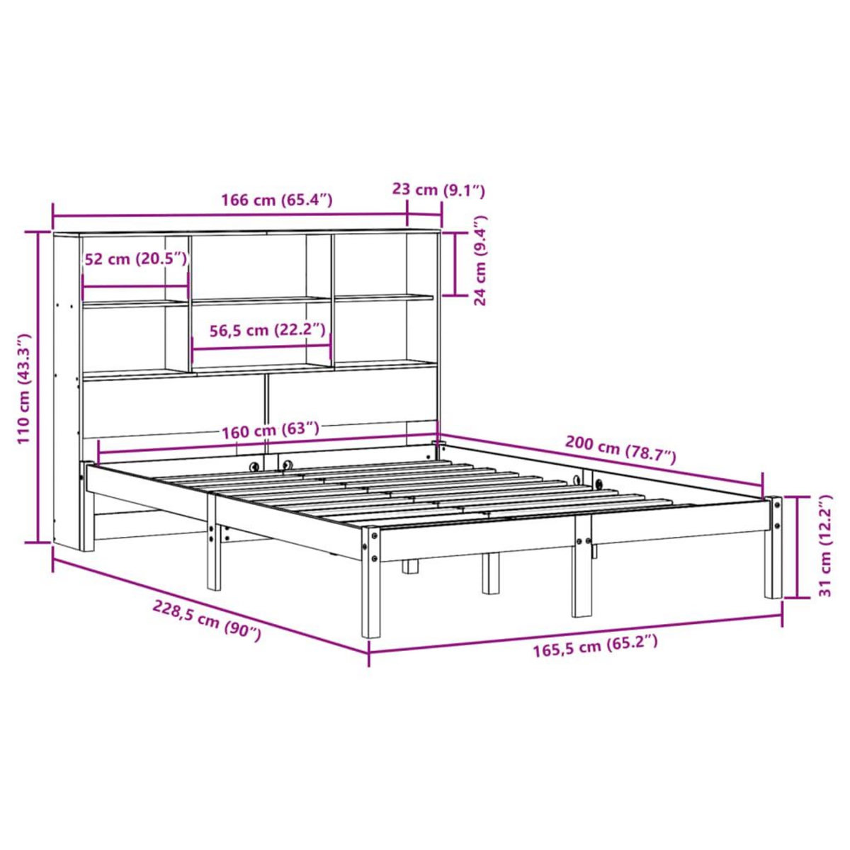 VIDAXL Lit bibliotheque sans matelas 160x200 cm bois massif de pin