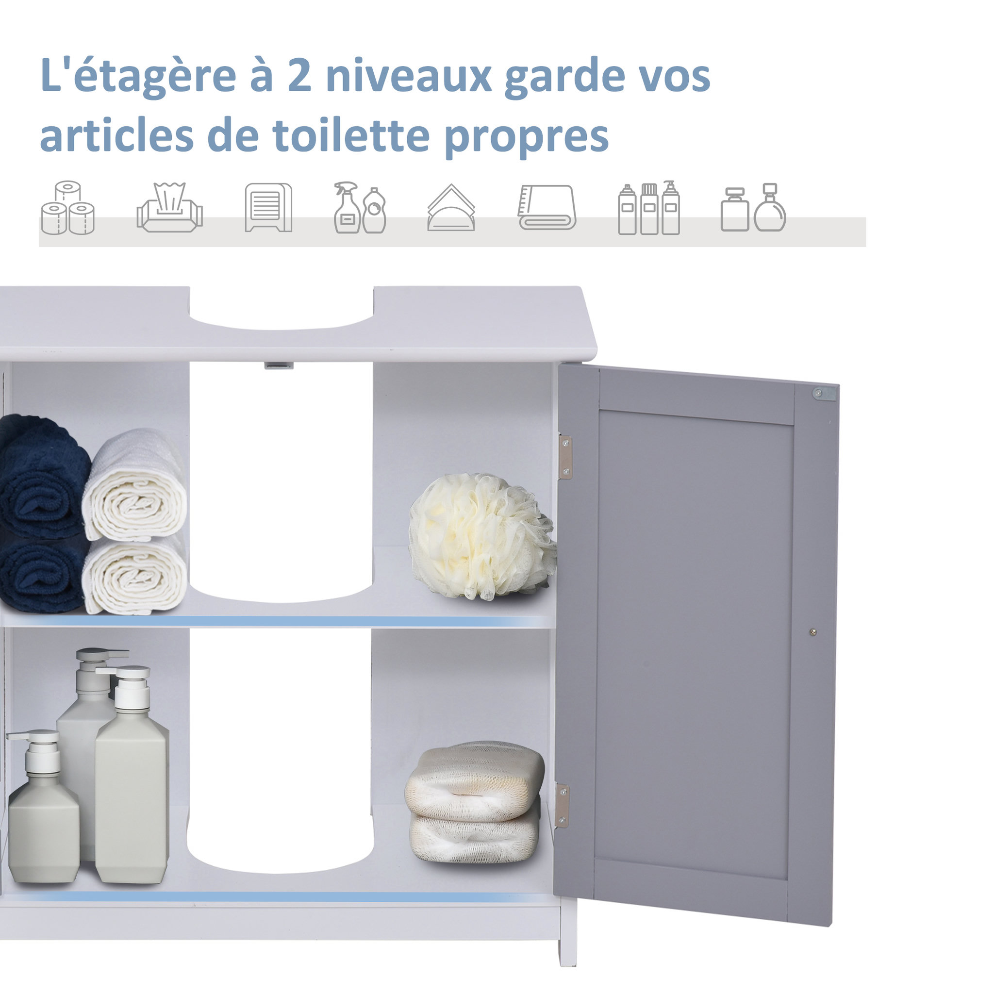 Voir la diapositive 5 : KLEANKIN Meuble salle de bain - meuble sous-vasque - placard 2 portes avec étagère - dim. 60L x 30l x 60H cm - MDF gris blanc