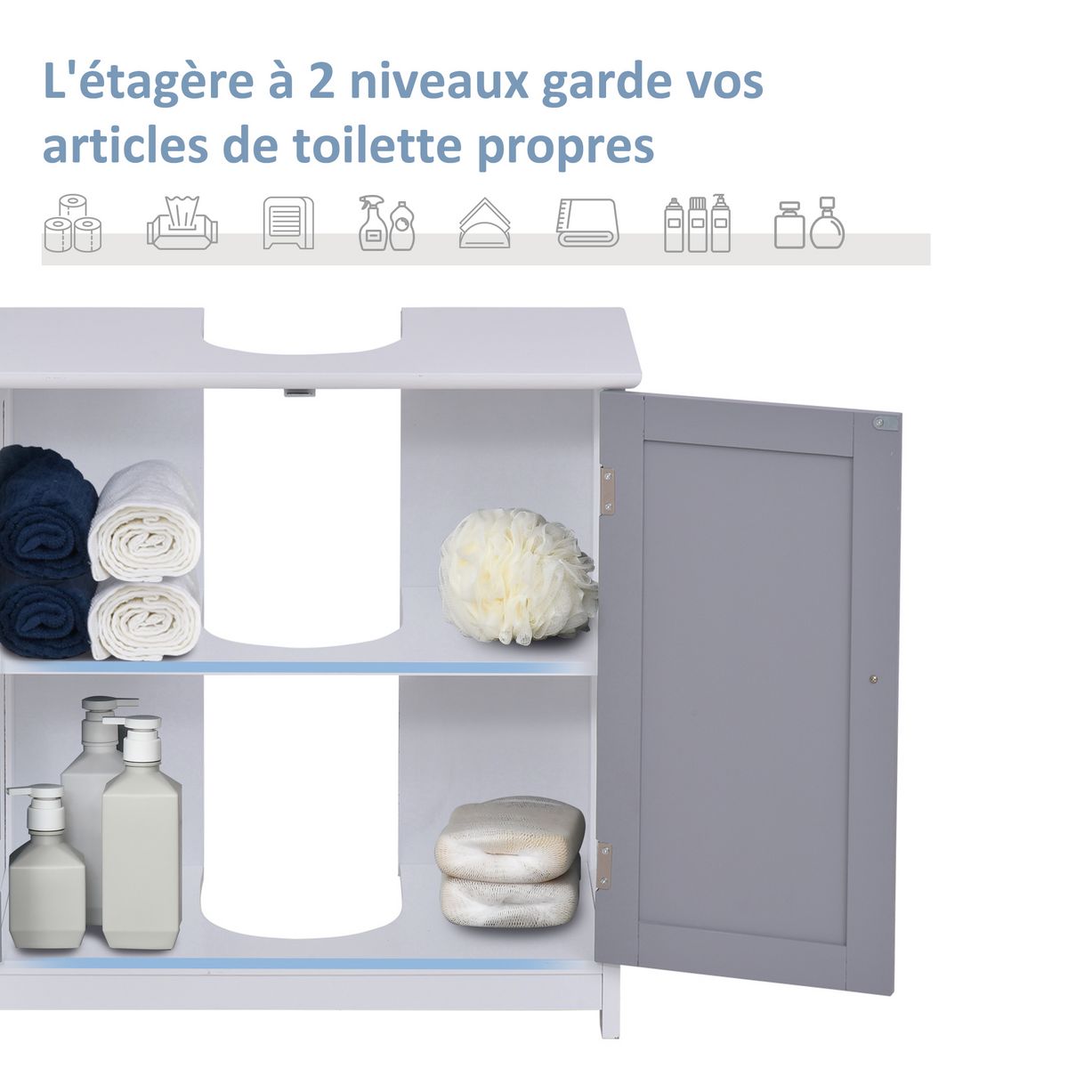 KLEANKIN Meuble salle de bain - meuble sous-vasque - placard 2 portes avec étagère - dim. 60L x 30l x 60H cm - MDF gris blanc