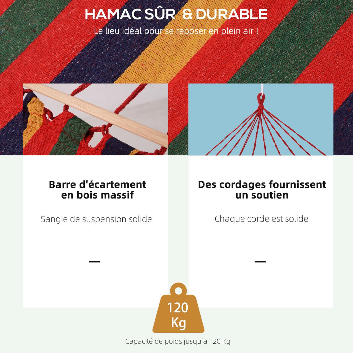 OUTSUNNY Hamac de voyage respirant portable toile de hamac dim. 2L x 1l m coton polyester multicolore