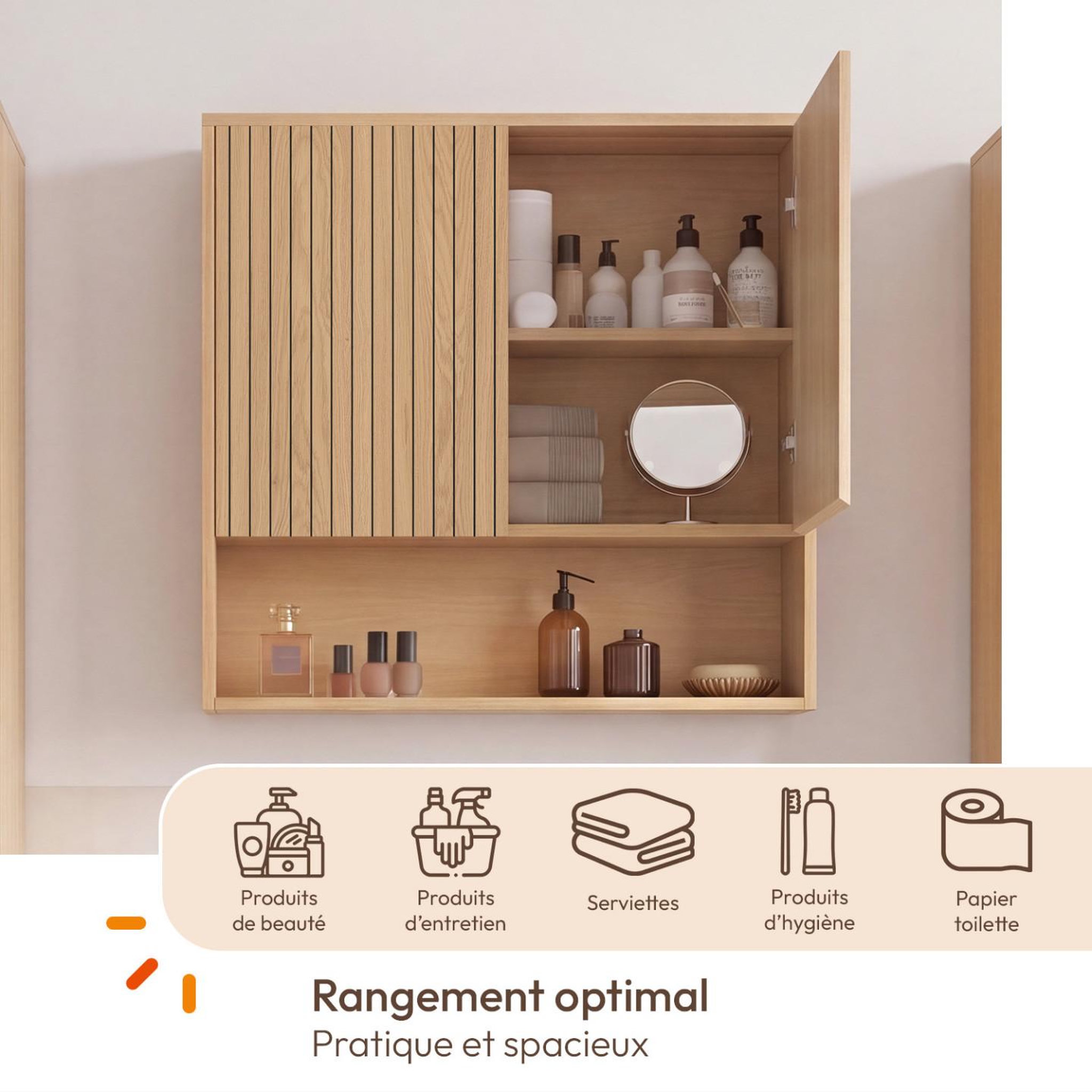 Voir la diapositive 3 : ID MARKET Meuble de rangement suspendu pour salle de bain VICTOR 2 portes et étagère effet lattes