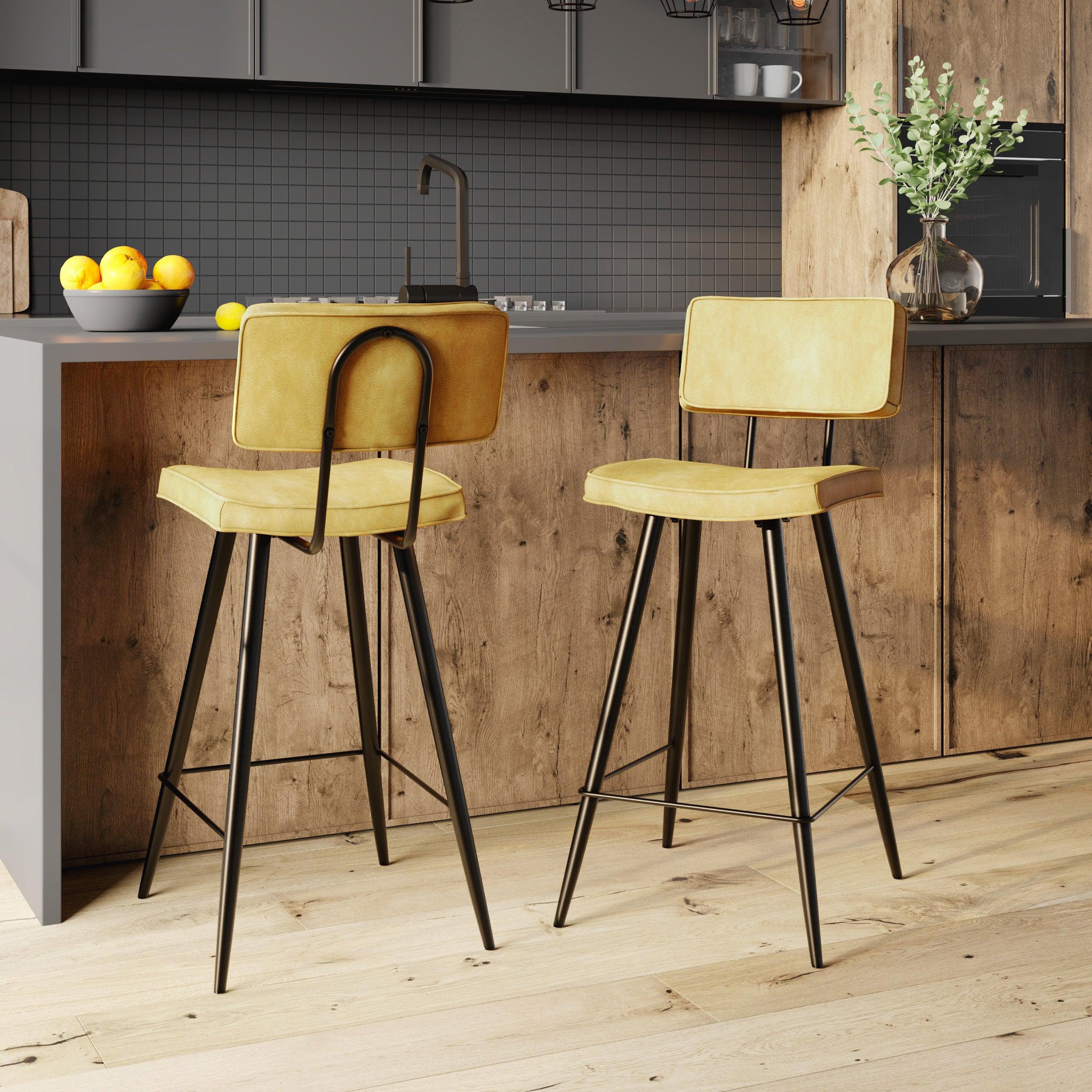 Voir la diapositive 2 : MAISON PAVANE Lot de 2 chaises de bar mi-hauteur 66 cm en cuir synthétique jaune-texas