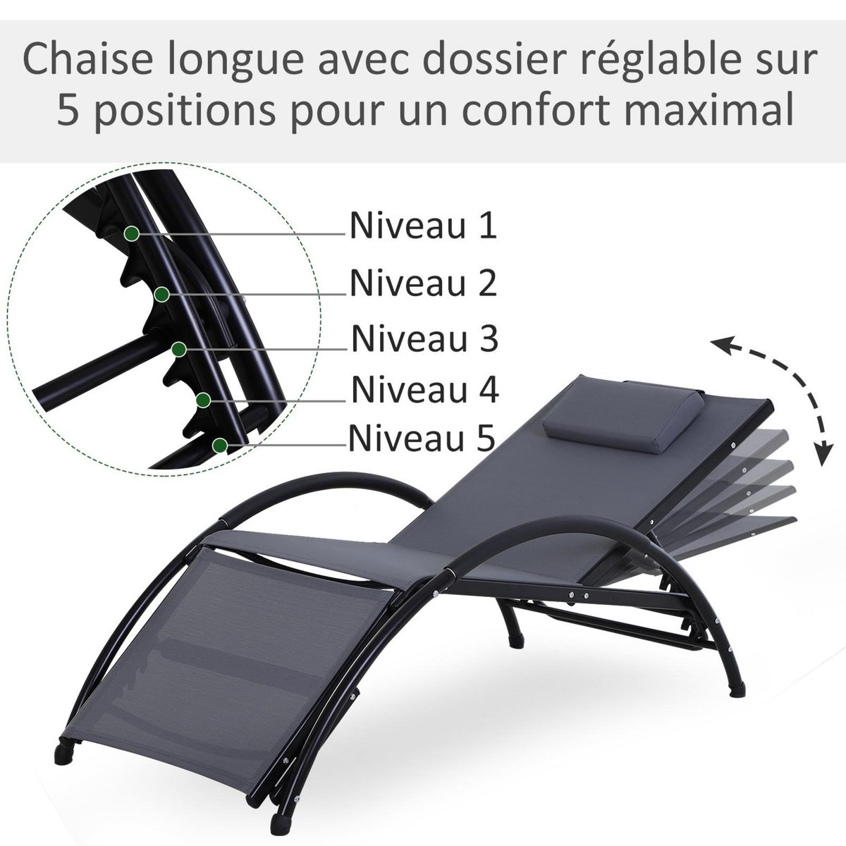 OUTSUNNY Bain de soleil transat design contemporain inclinable multi-positions repose-pied réglable tétière incluse alu textilène gris