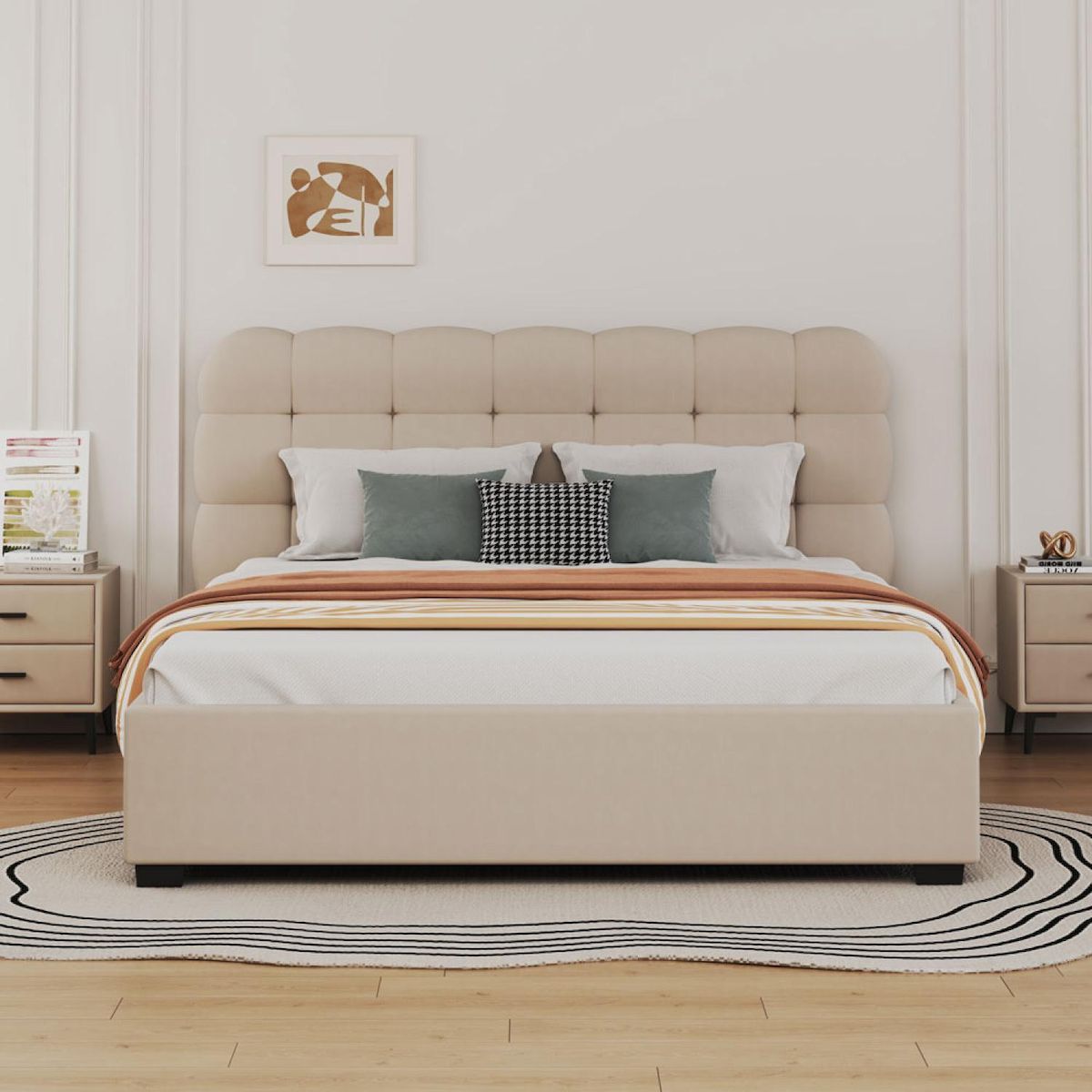 CONCEPT USINE Lit nuage avec coffre de rangement 140x190cm en velours beige DALLAS