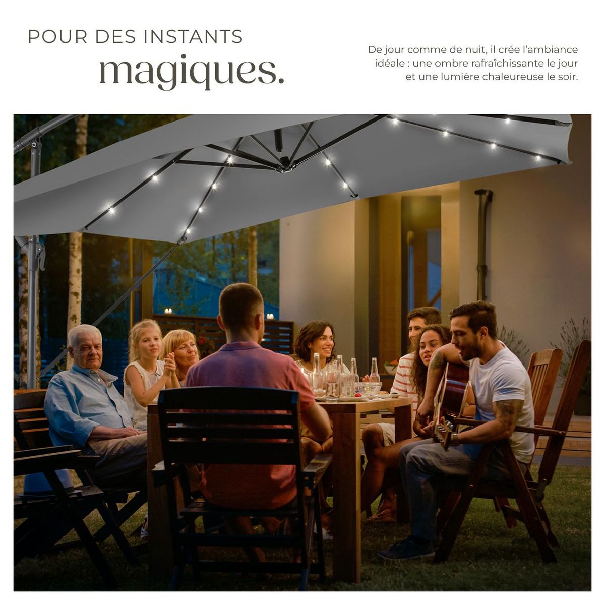 tectake Parasol 250 x 250 cm avec éclairage LED solaire gris clair
