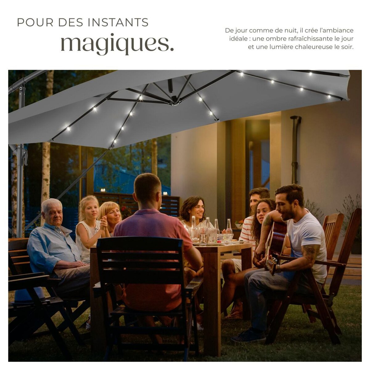 tectake Parasol 250 x 250 cm avec éclairage LED solaire gris clair