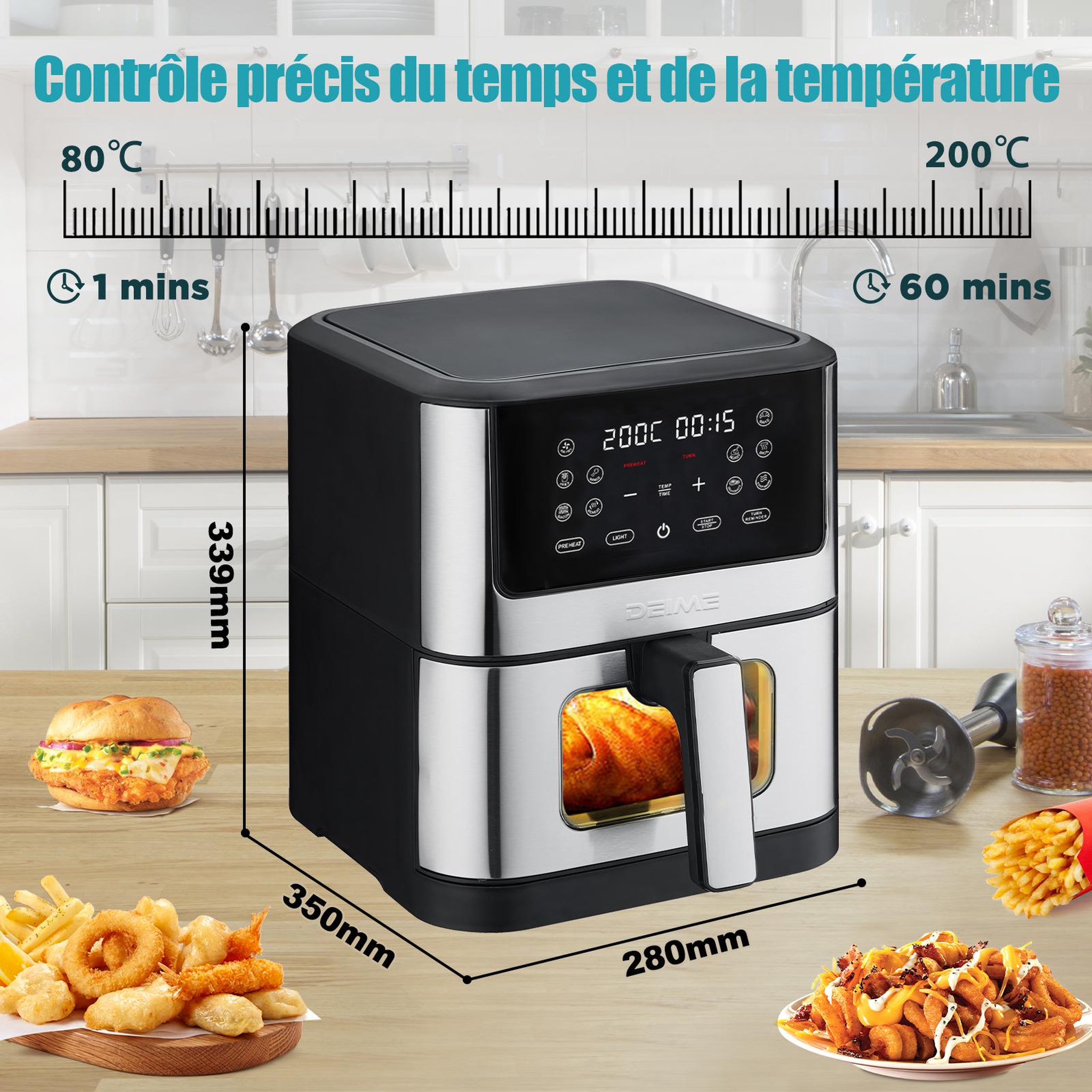 Voir la diapositive 2 : DEIME DEIME - Airfryer 6 l 1500 w 10 programmes avec fenêtre de cuisson – inox
