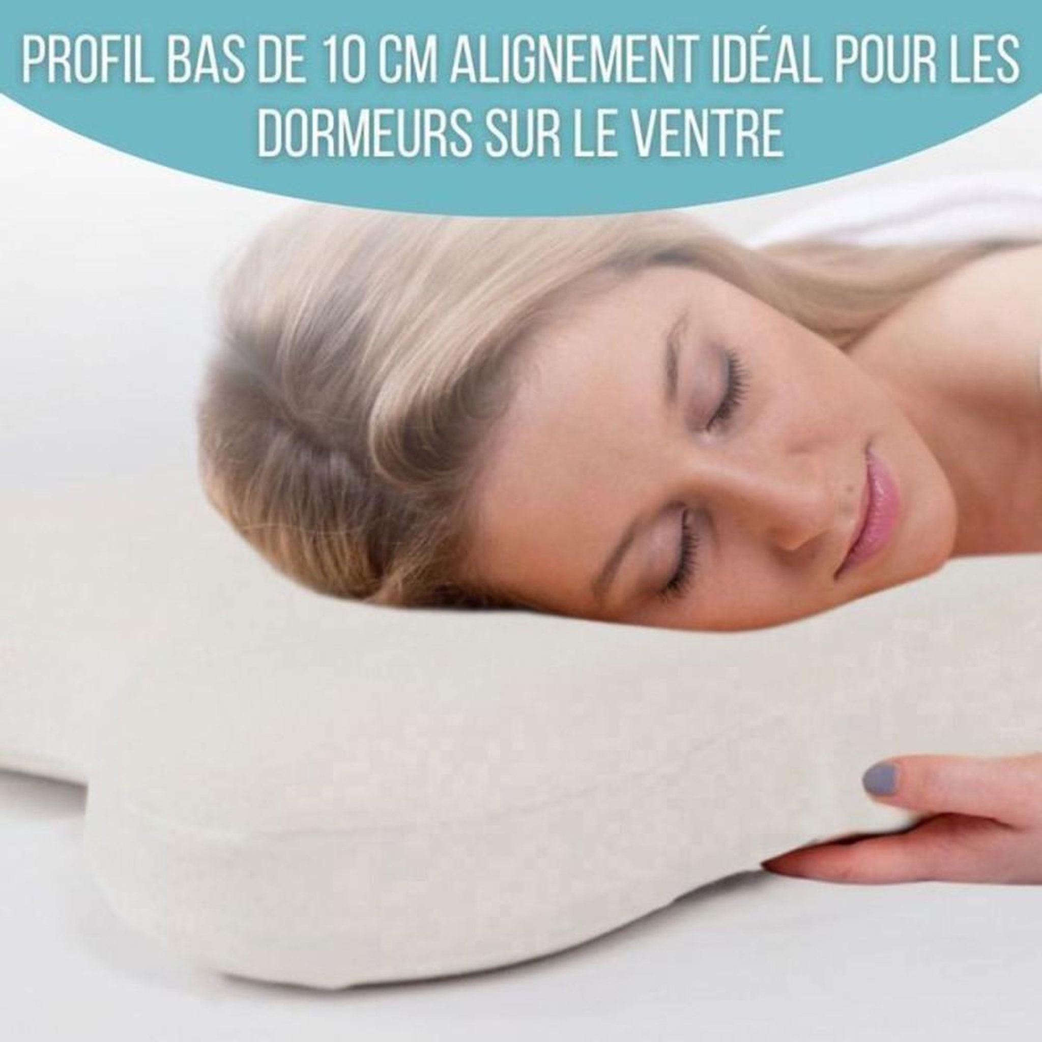 Voir la diapositive 3 : Oreiller Papillon ergonomique à mémoire de forme profil bas 10 cm, 56x46 cm, blanc, taie en coton amovible