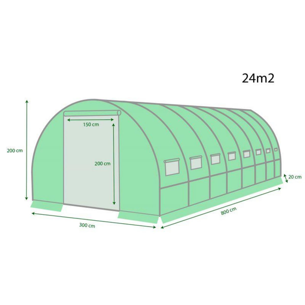 EUROSPEN Serre de Jardin Tunnel 24m² - bâche armée - avec fenêtres latérales et porte zipée