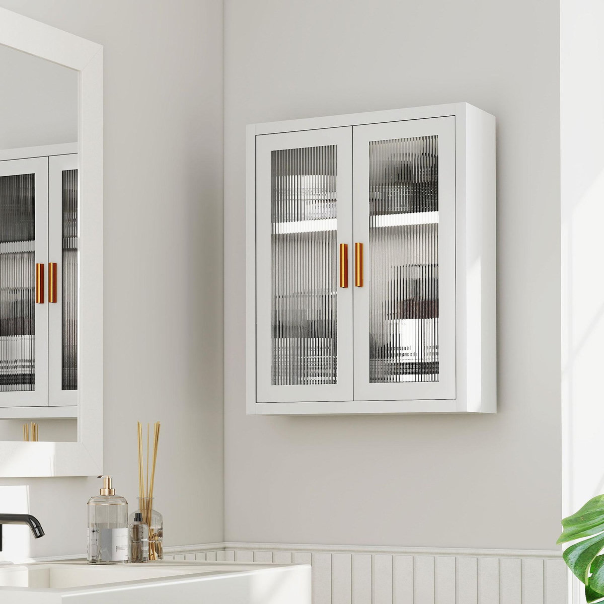 HOMCOM Armoire murale métal salle de bain étagère 2 portes acrylique cannelé 40 x 14 x 50 cm blanc doré