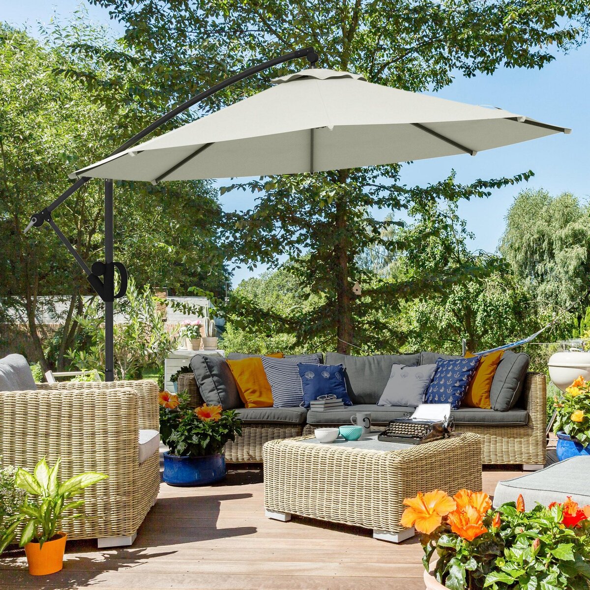 OUTSUNNY Parasol déporté octogonal inclinable Ø 2,93 x 2,60 m avec pied métal époxy alu crème