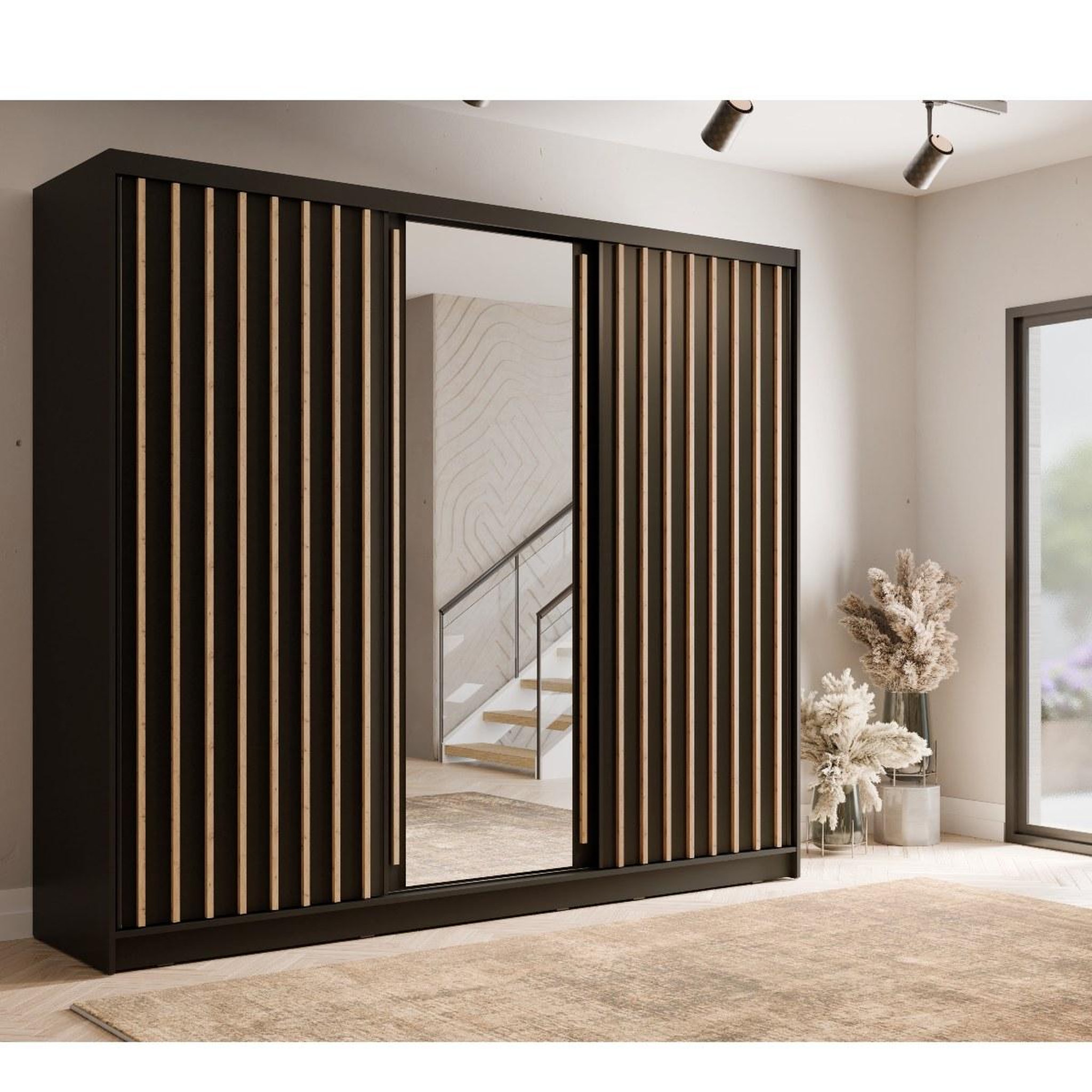 Voir la diapositive 2 : JLC KREATION Dressing coulissant noir et bois 250cm celia