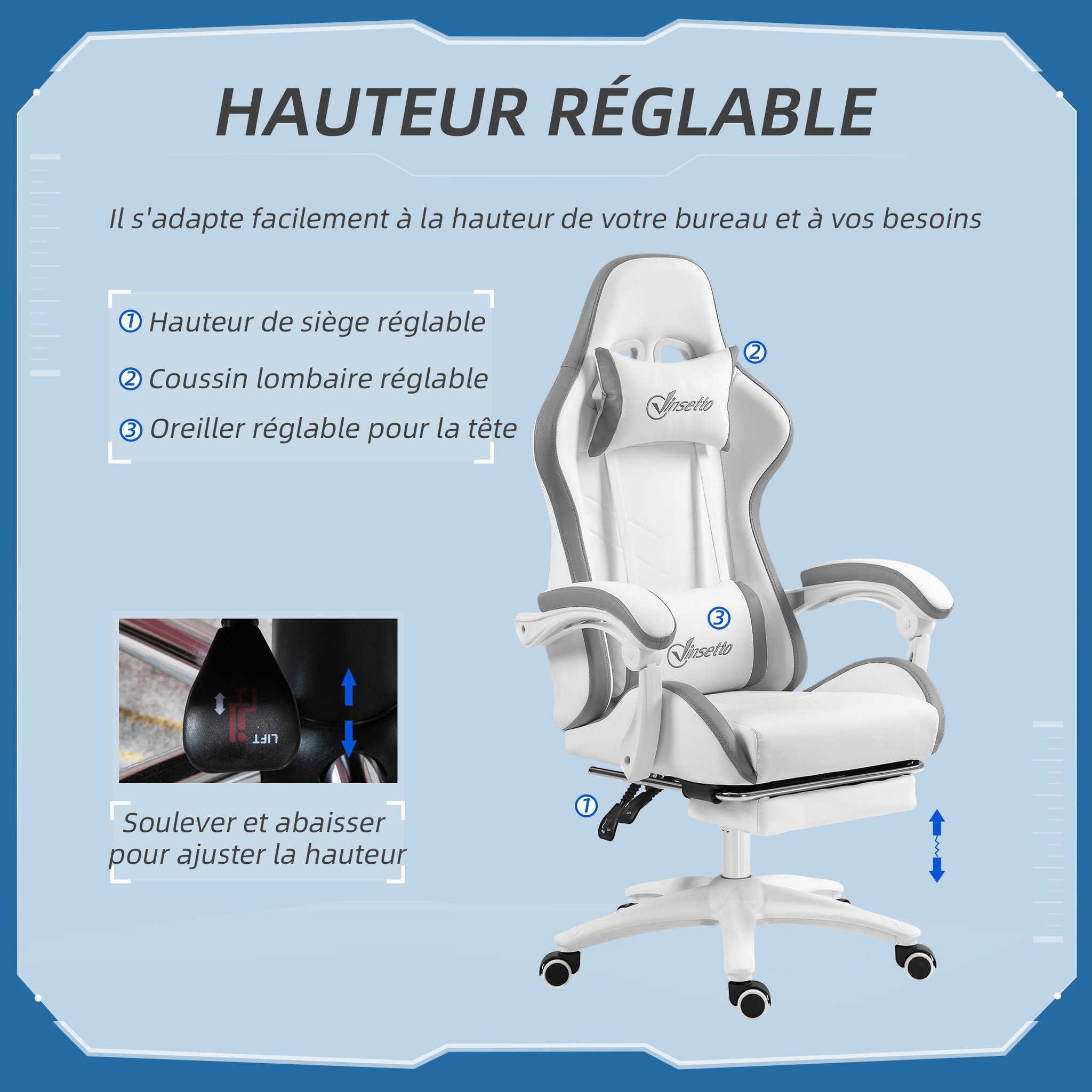 Voir la diapositive 3 : VINSETTO Chaise de bureau gaming - inclinable, pivotant, réglable - coussins lombaires têtière inclus - gris blanc