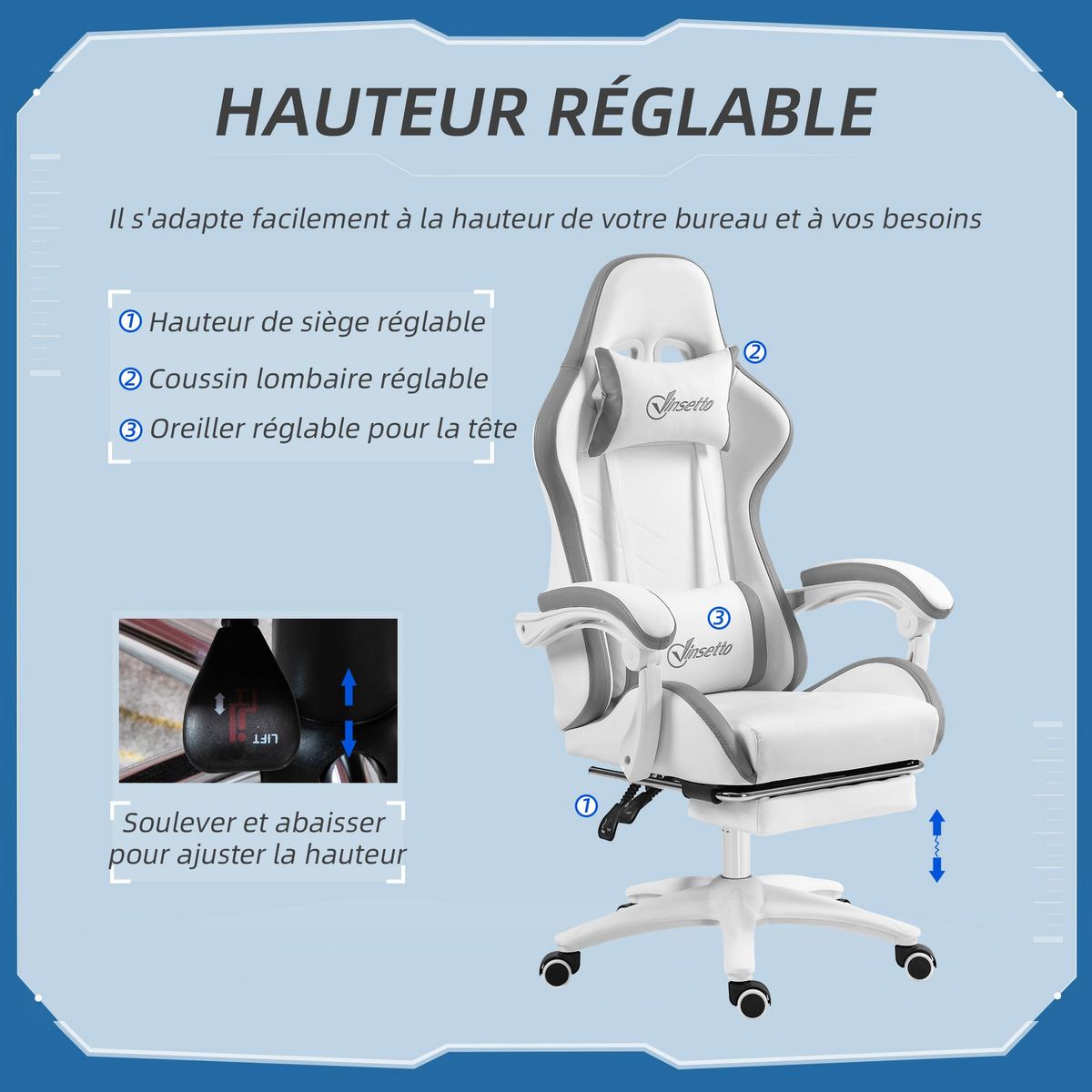 VINSETTO Chaise de bureau gaming - inclinable, pivotant, réglable - coussins lombaires têtière inclus - gris blanc