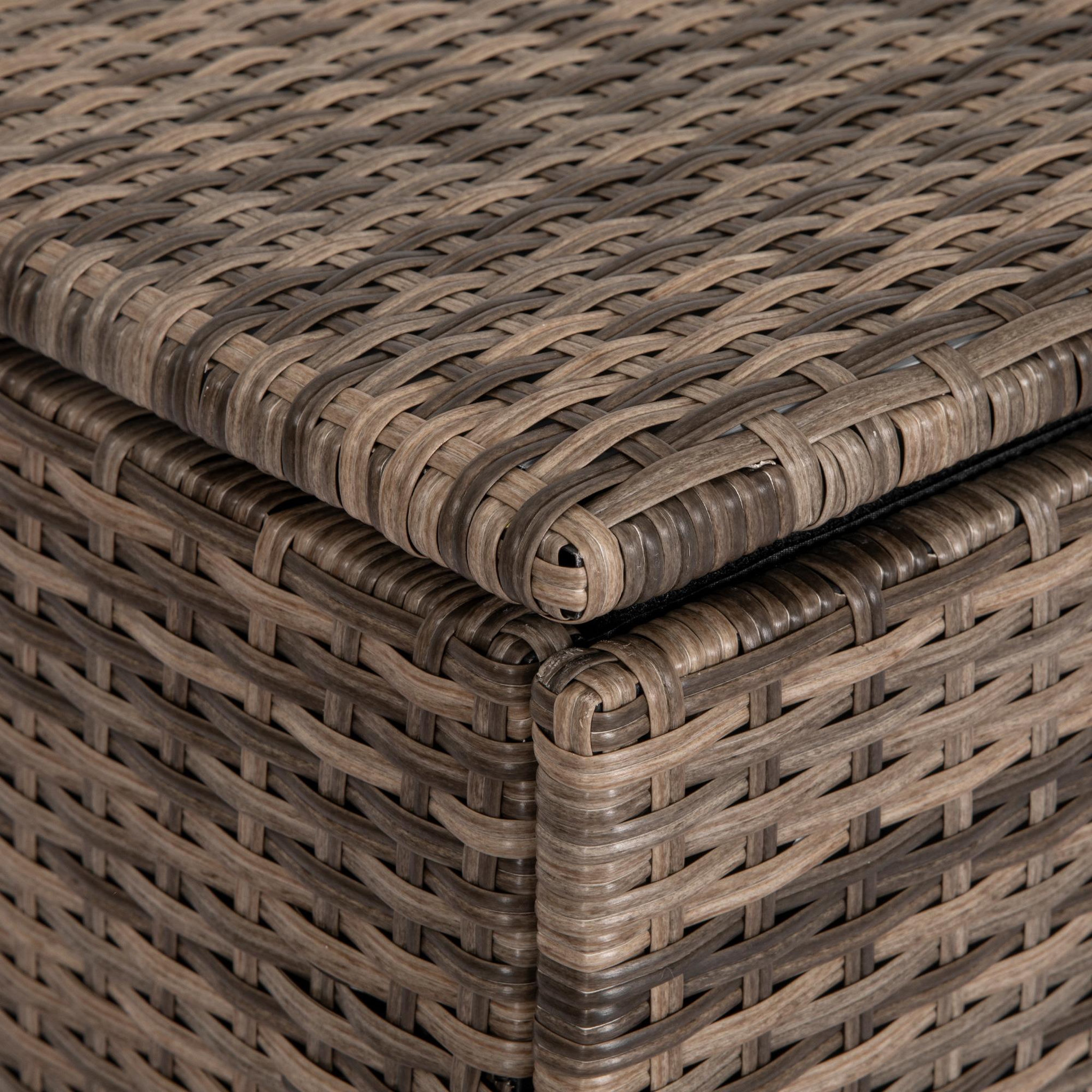 Voir la diapositive 5 : OUTSUNNY Coffre de jardin dim. 75L x 75l x 70H cm vérin pneumatique doublure intérieure résine tressée aspect rotin taupe