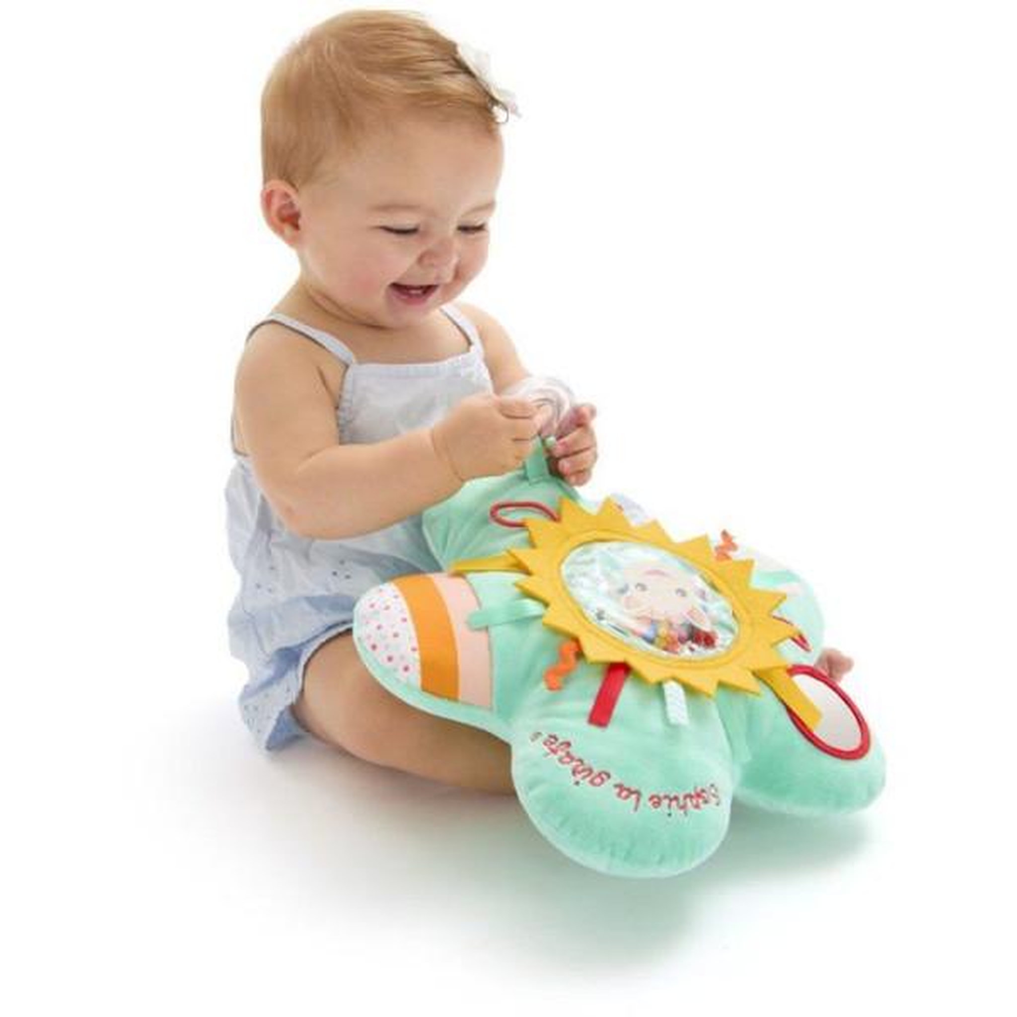 Voir la diapositive 3 : SOPHIE LA GIRAFE Coussin d'éveil - SOPHIE LA GIRAFE - Soleil - Activités sensorielles - Miroir - Textures et billes
