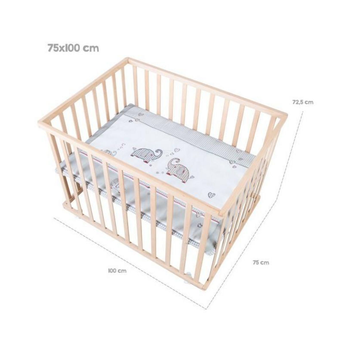 Roba Parc Bébé sur Roulettes - ROBA - Jumbotwins - Réglable en Hauteur - Tapis de Parc Inclus - Bois Massif Naturel - Motif Élép