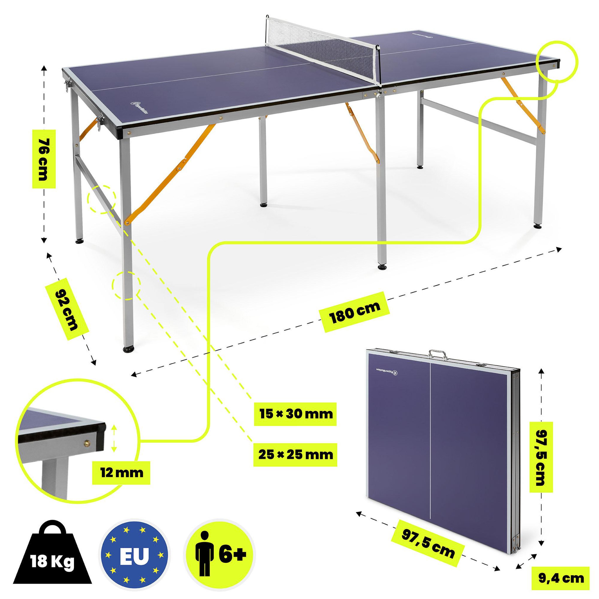 Voir la diapositive 3 : HYPERMOTION Table Ping-Pong HyperMotion Pliable Portable 180x92 - Avec Filet, 2 Raquettes, 3 Balles