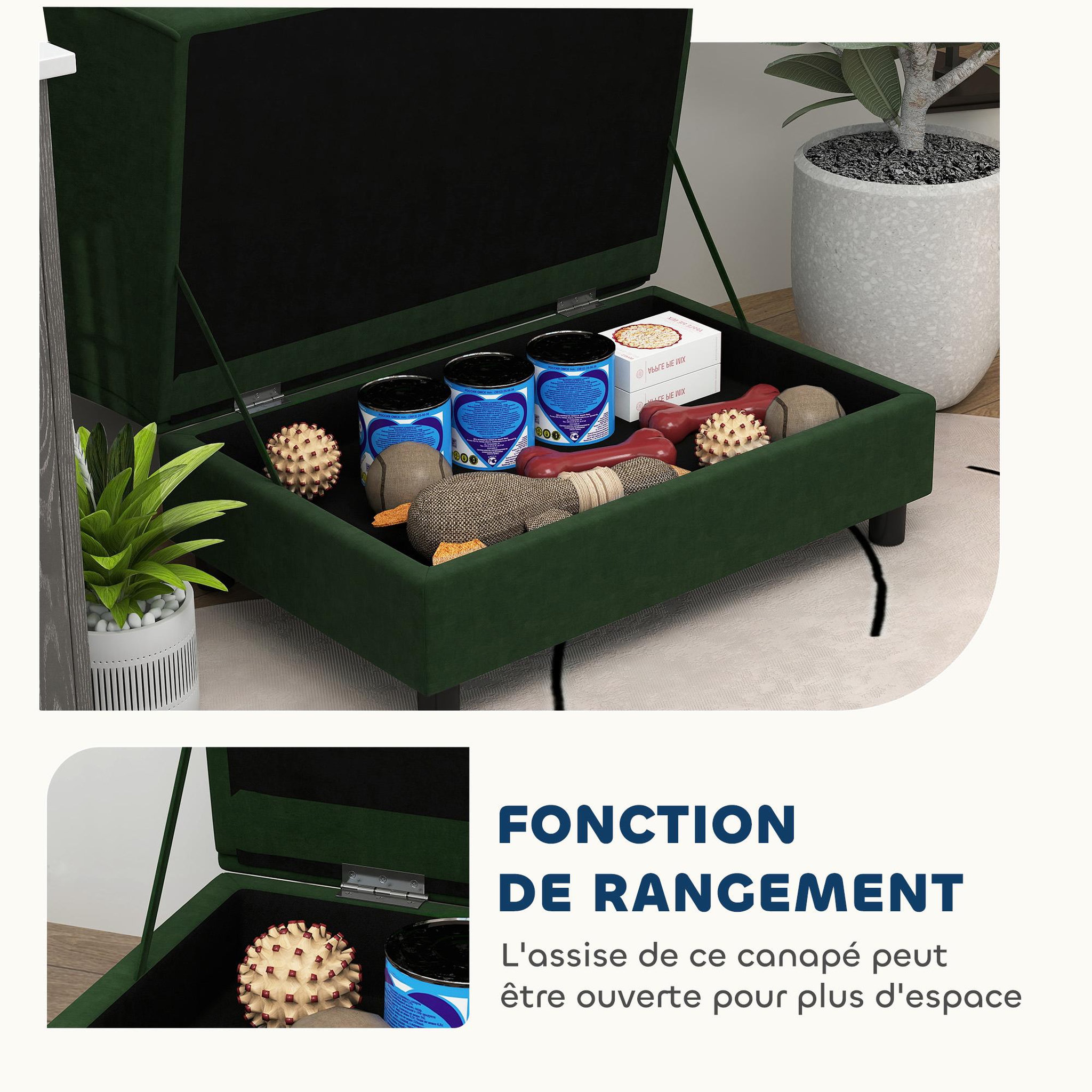 Voir la diapositive 4 : PAWHUT Canapé chien design méridienne - coffre rangement intégré - velours vert