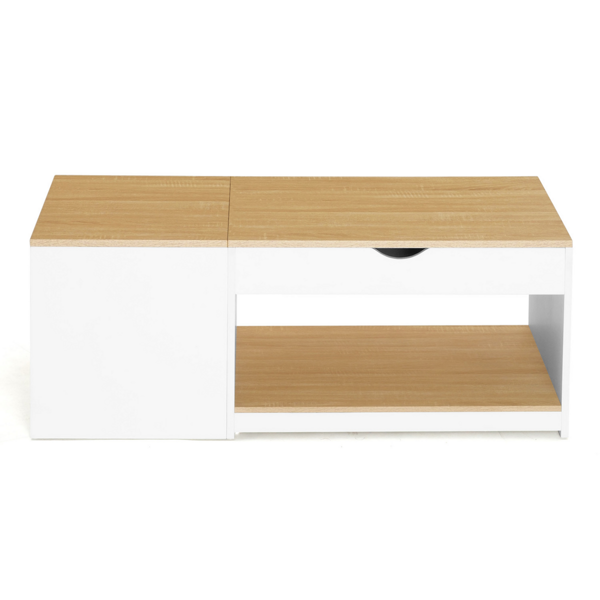 ID MARKET Table basse 2 plateaux relevables EYLA avec coffre bois blanc et façon hêtre