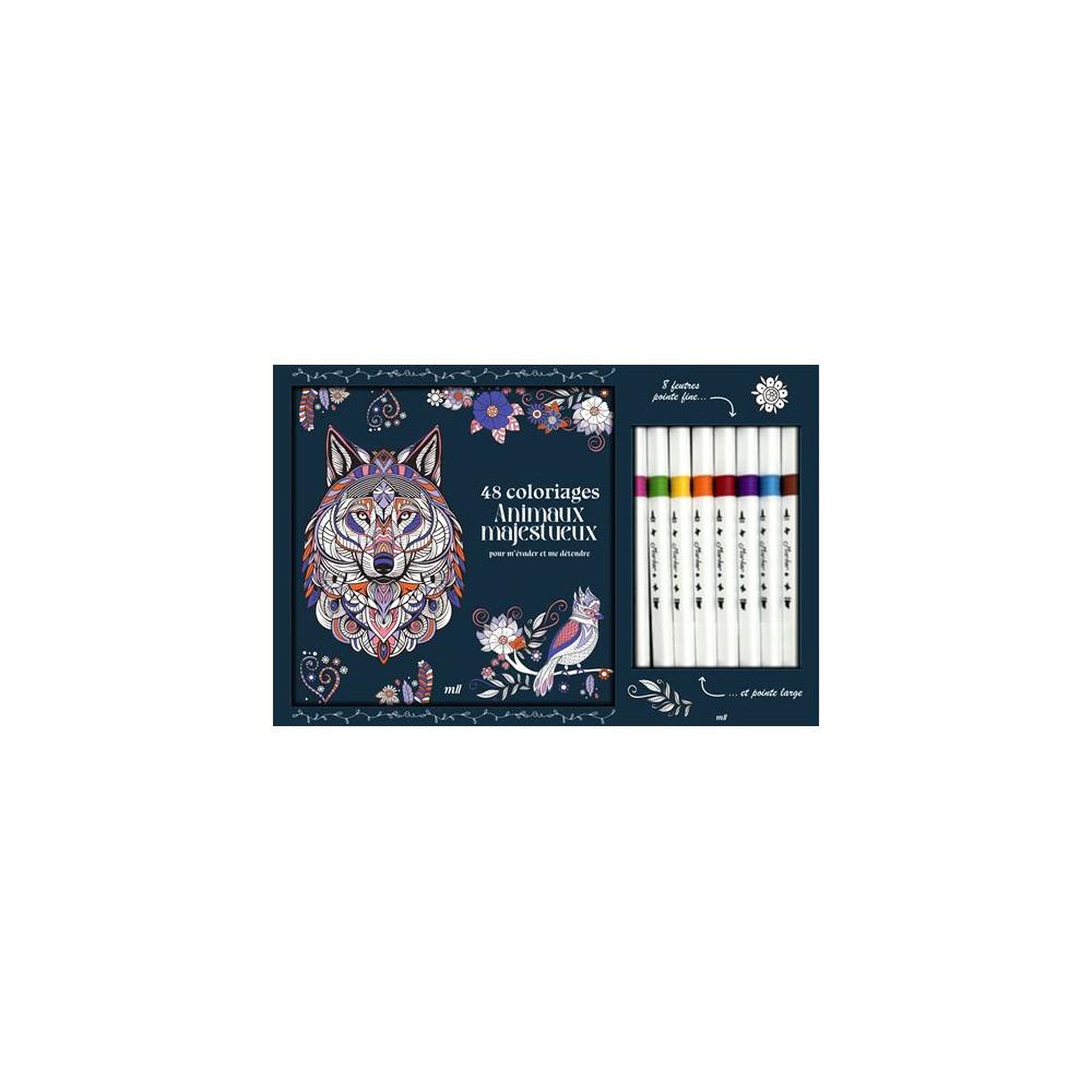 Coffret loisirs créatifs animaux majestueux, livre de coloriage 48 pages et 8 feutres double pointe