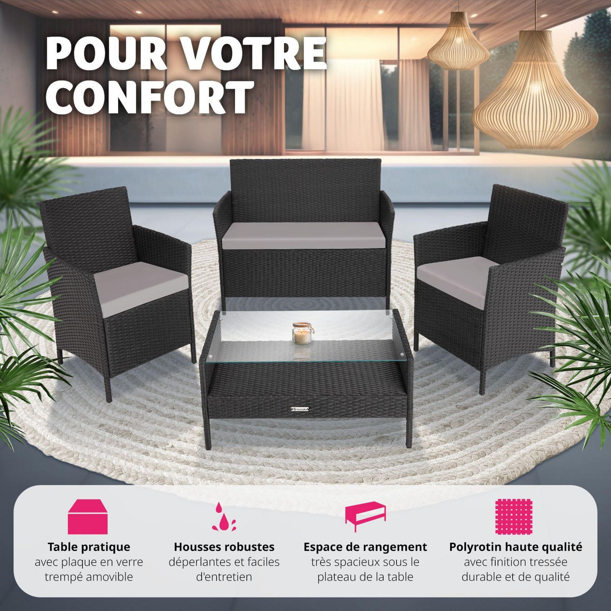 tectake Salon de jardin Pour 4 personnes noir/gris