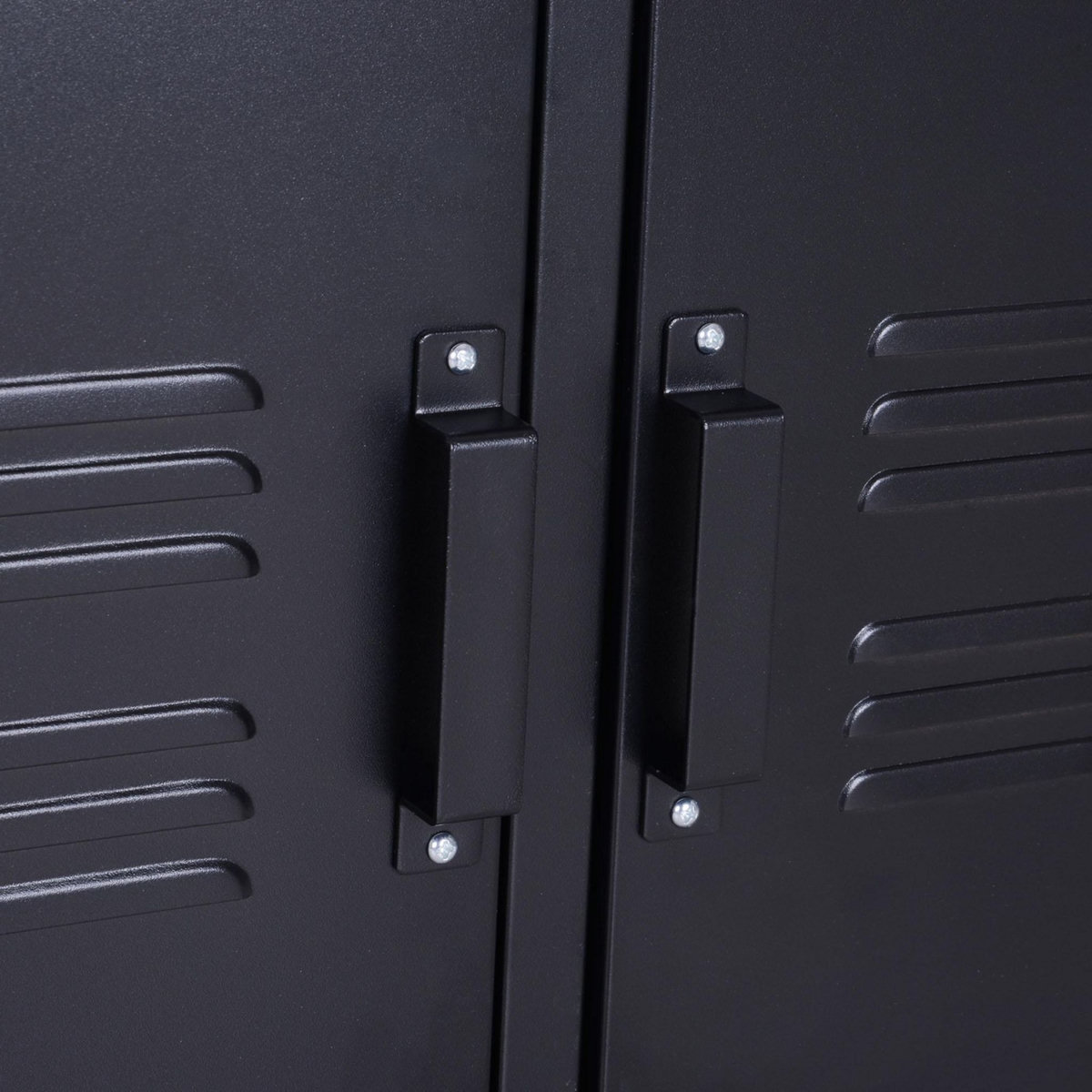 HOMCOM Meuble TV banc TV design industriel - 2 placards, 2 étagères, 4 passe-fils - tôle métal noir