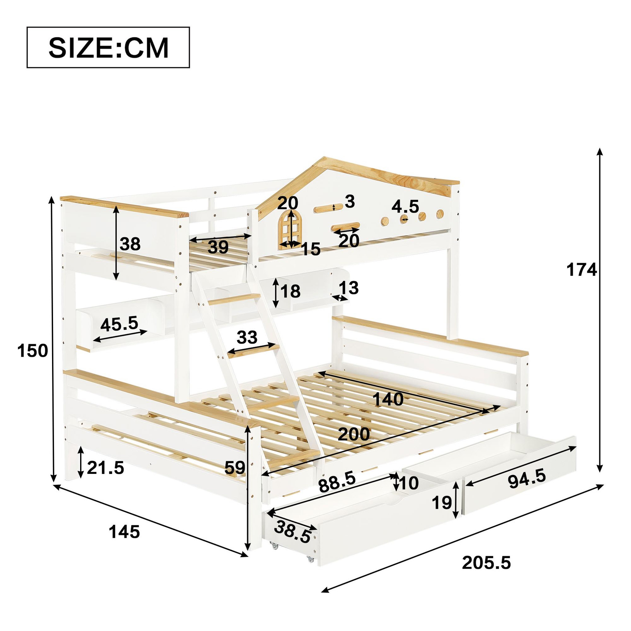 Voir la diapositive 3 : MERAX Lit superposé 90x200(140x200)cm bois et mdf coloris blanc+naturel