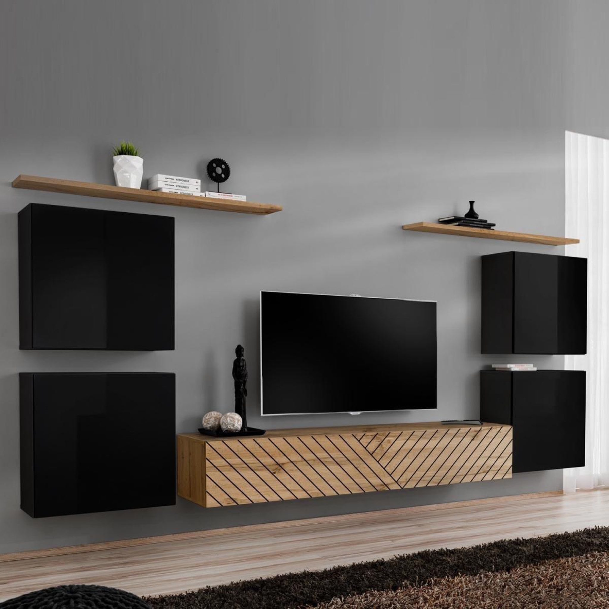Paris Prix Ensemble meuble tv  switch lamel iv  320cm naturel & noir