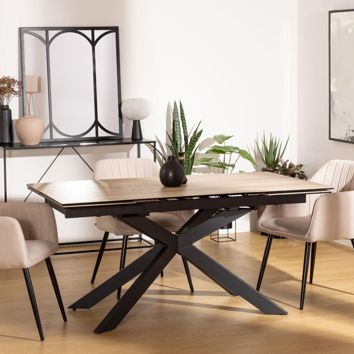 ATMOSPHERA Table à manger extensible en céramique et métal pour 6 à 8 personnes - Beige