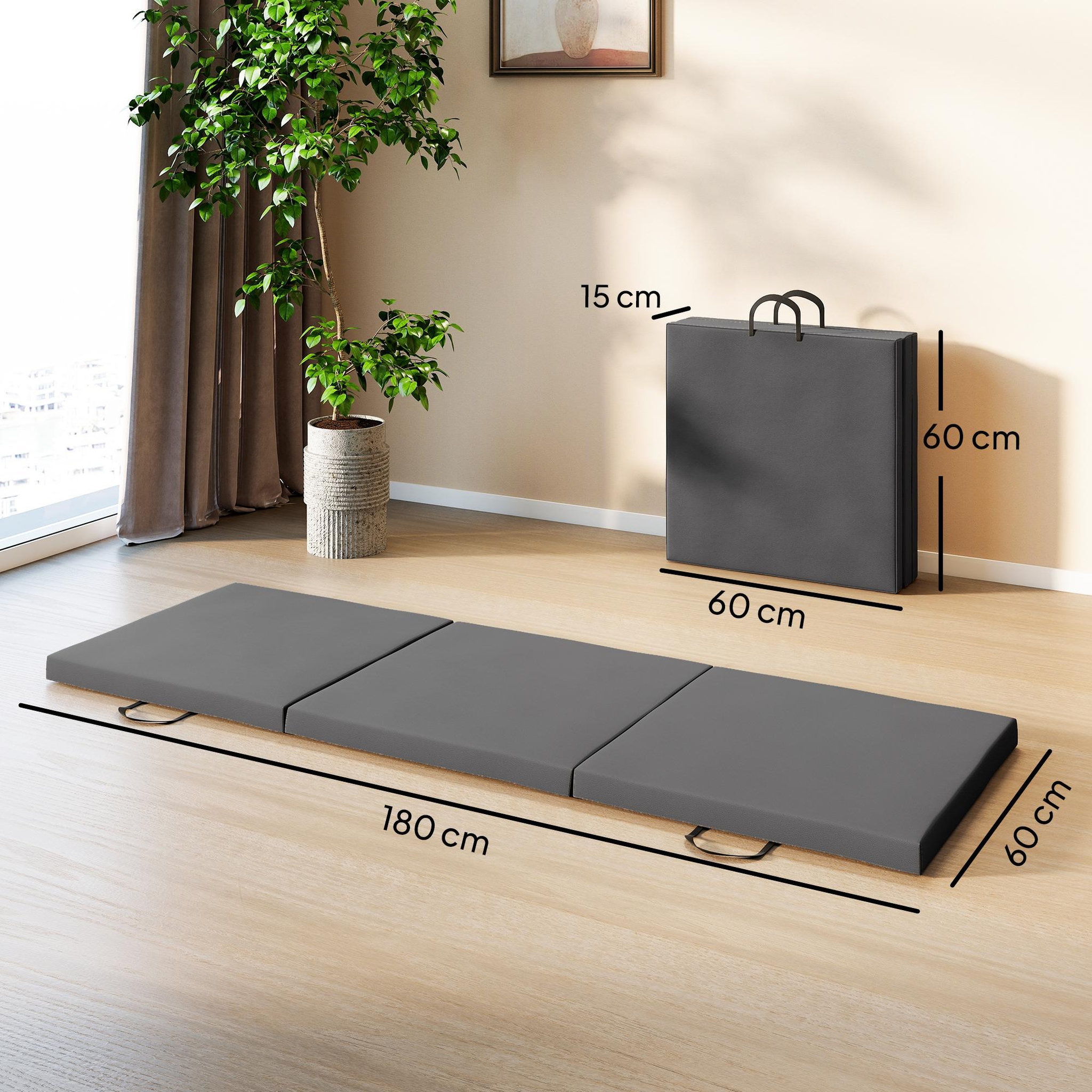 Voir la diapositive 3 : HOMCOM Tapis de sol gymnastique fitness pliable portable rembourrage mousse 5 cm dim. 1,8l x 0,6l m revêtement synthétique gris