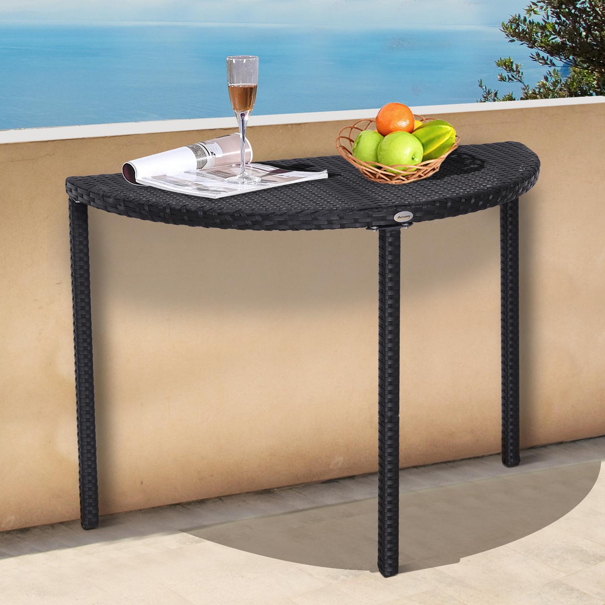 Voir la diapositive 2 : OUTSUNNY Table de jardin demi cercle - table de balcon demi lune - dim. 100L x 50l x 74H cm résine tressée 4 fils imitation rotin noir