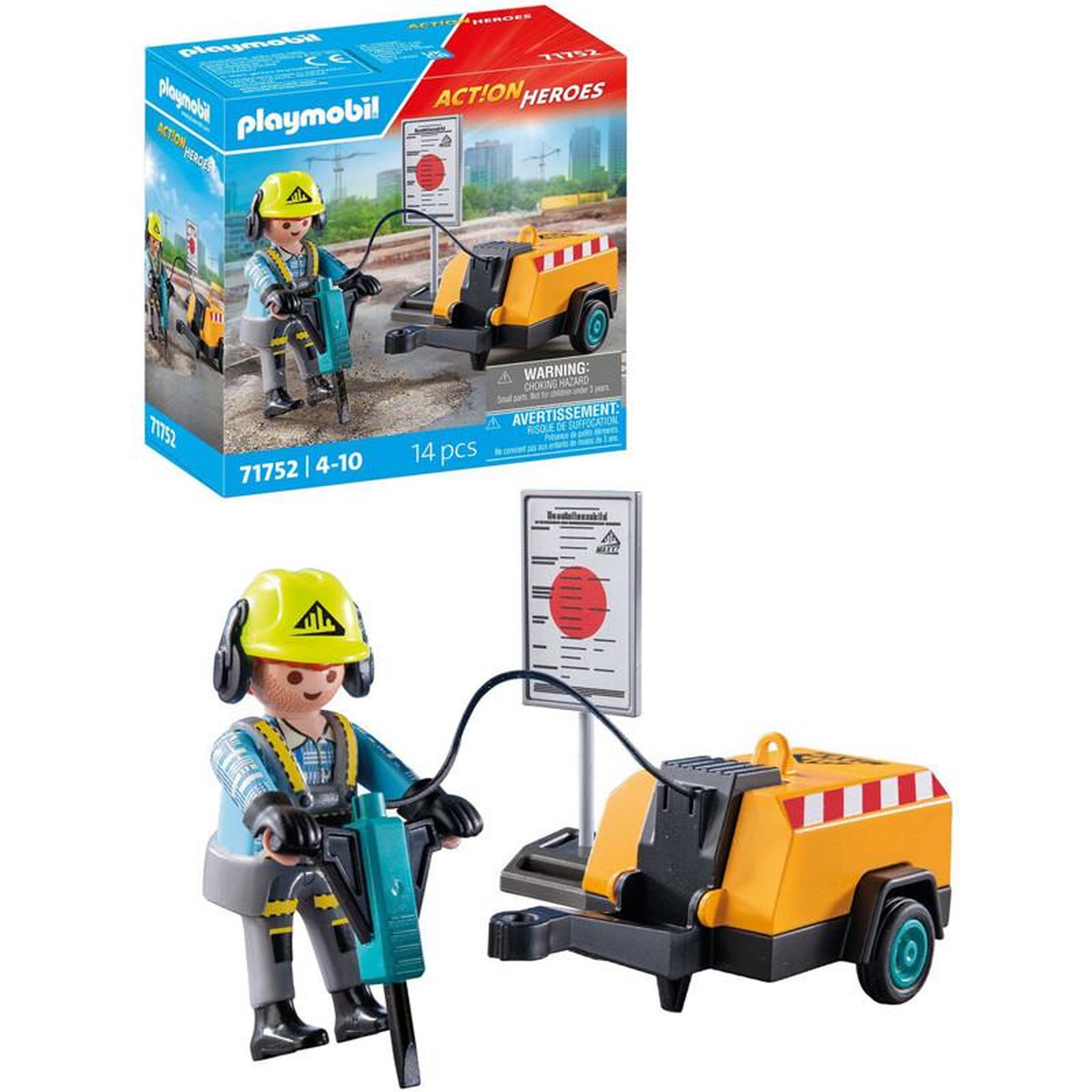Voir la diapositive 2 : PLAYMOBIL 71752 Ouvrier avec marteau-piqueur et signalisation
