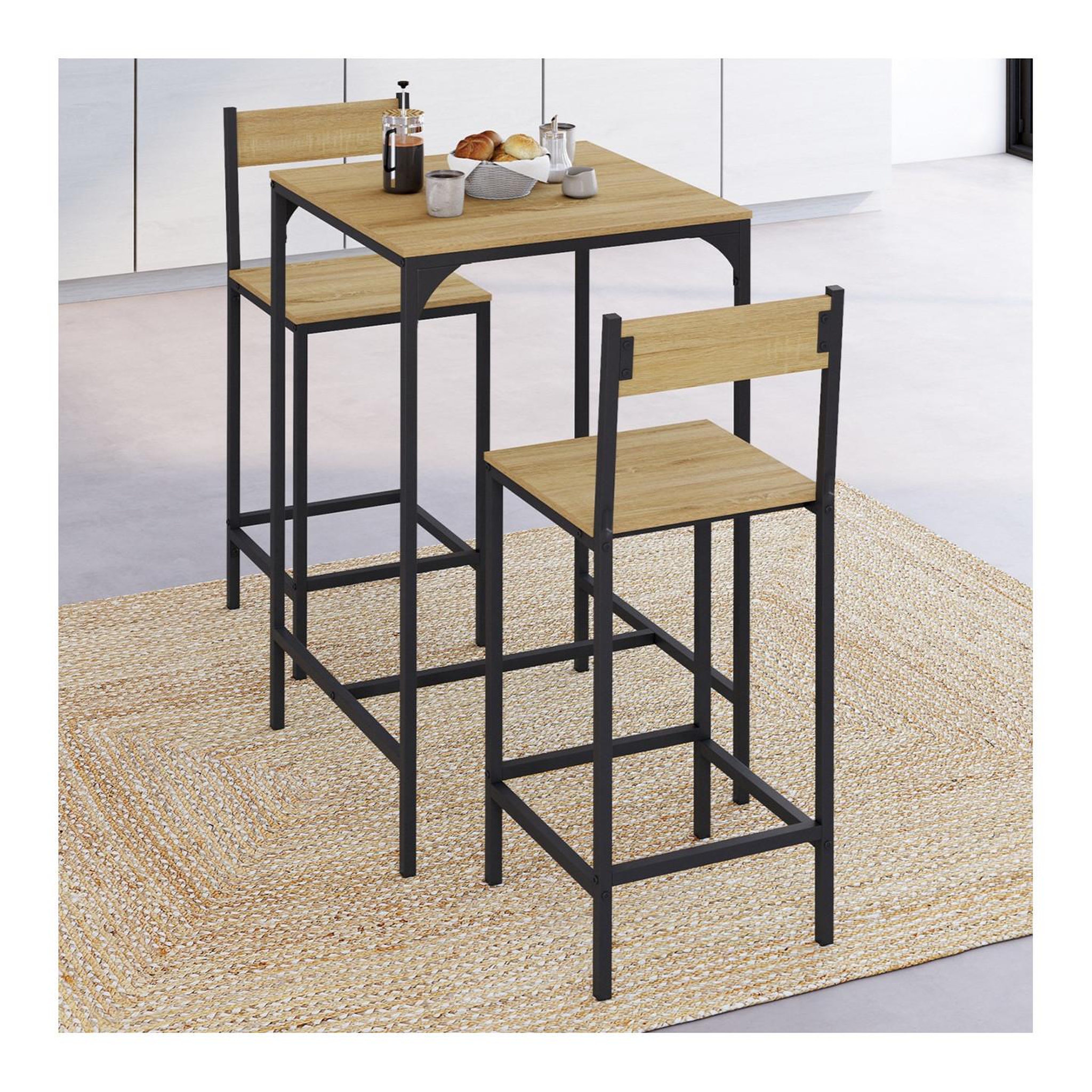 Voir la diapositive 2 : ID MARKET Ensemble table de bar carrée DETROIT 60 cm et 2 chaises de bar design industriel