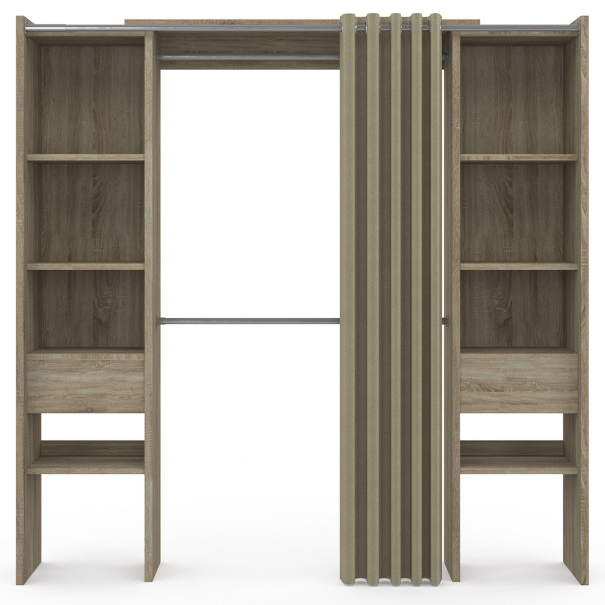 ID MARKET Dressing extensible double MERYL 120/180 x 50 x 180 cm hêtre avec étagères + double penderie + rideau taupe