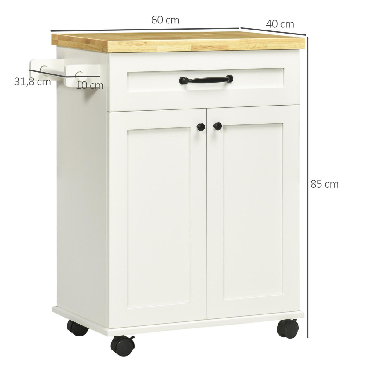 HOMCOM Desserte de cuisine - placard porte avec étagère réglable, tiroir, porte-torchon - blanc bois d'hévéa