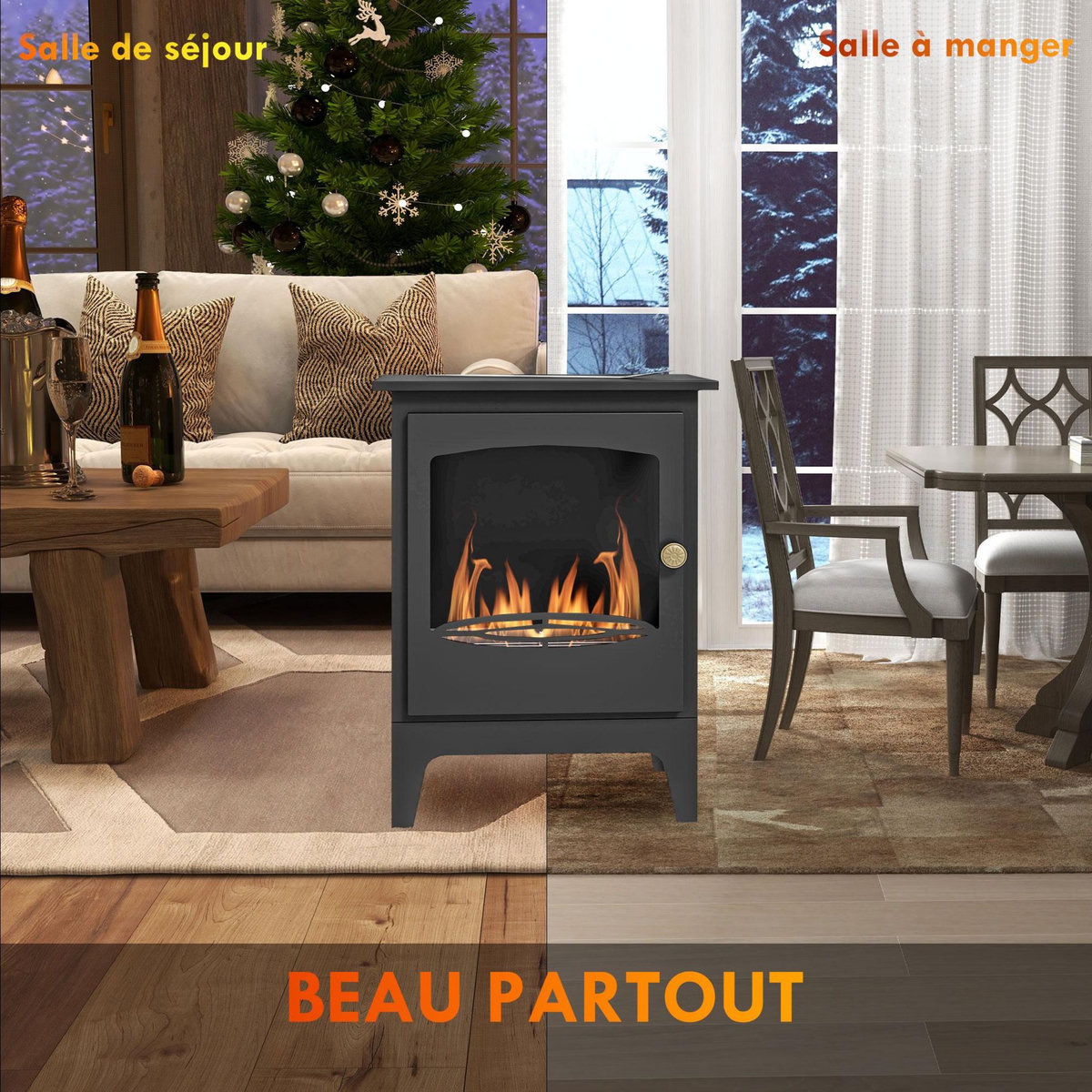 HOMCOM Cheminée bioéthanol sur pied style néo-rétro poêle - brûleur 1,2 L - contrôle de flamme et manche inclus - acier noir