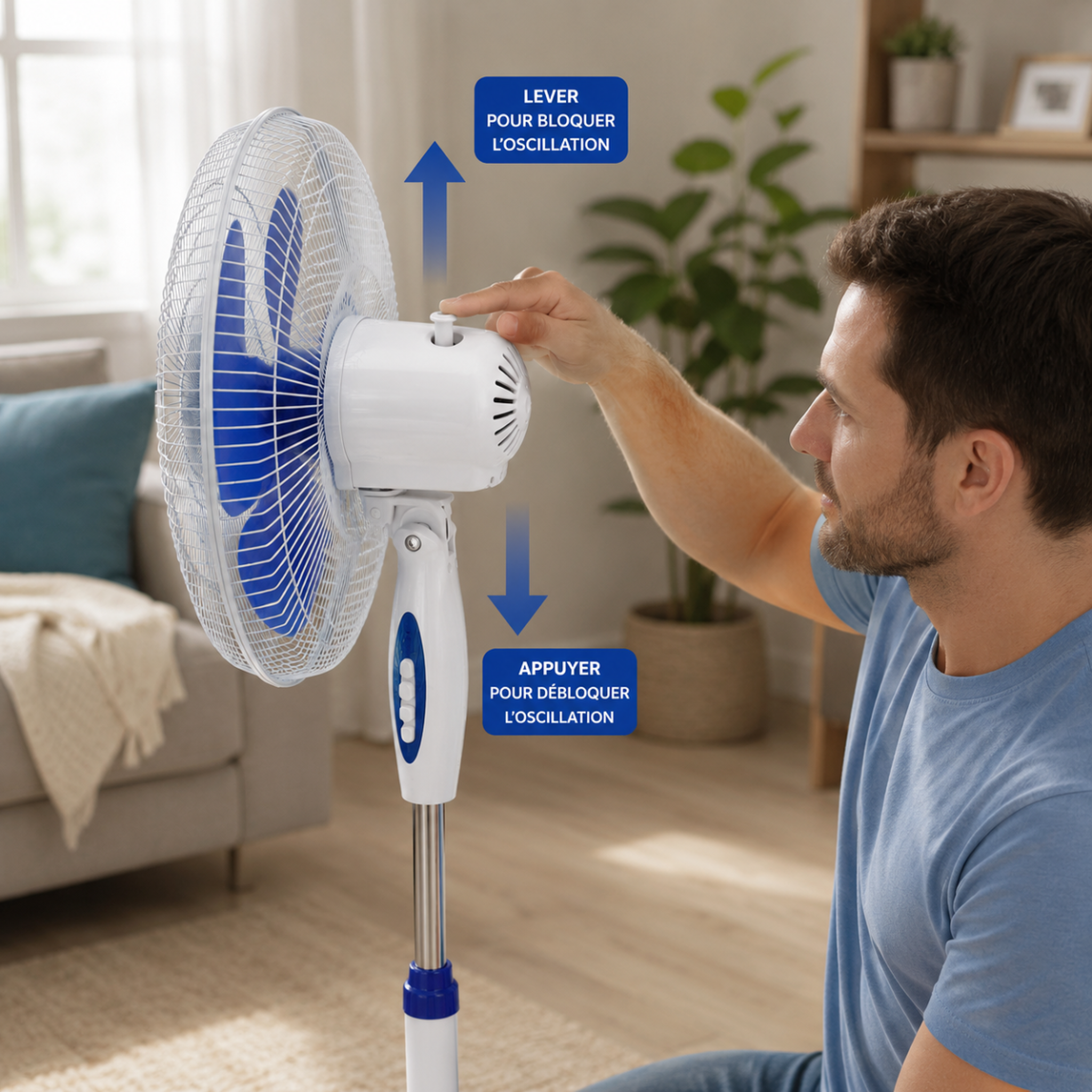 Voir la diapositive 2 : INTEC Ventilateur sur pied portable 45W 40Cm Hauteur réglable 1.30m Brasseur d'air Blanc Bleu 3 vitesses Oscillation Horizontale INTEC