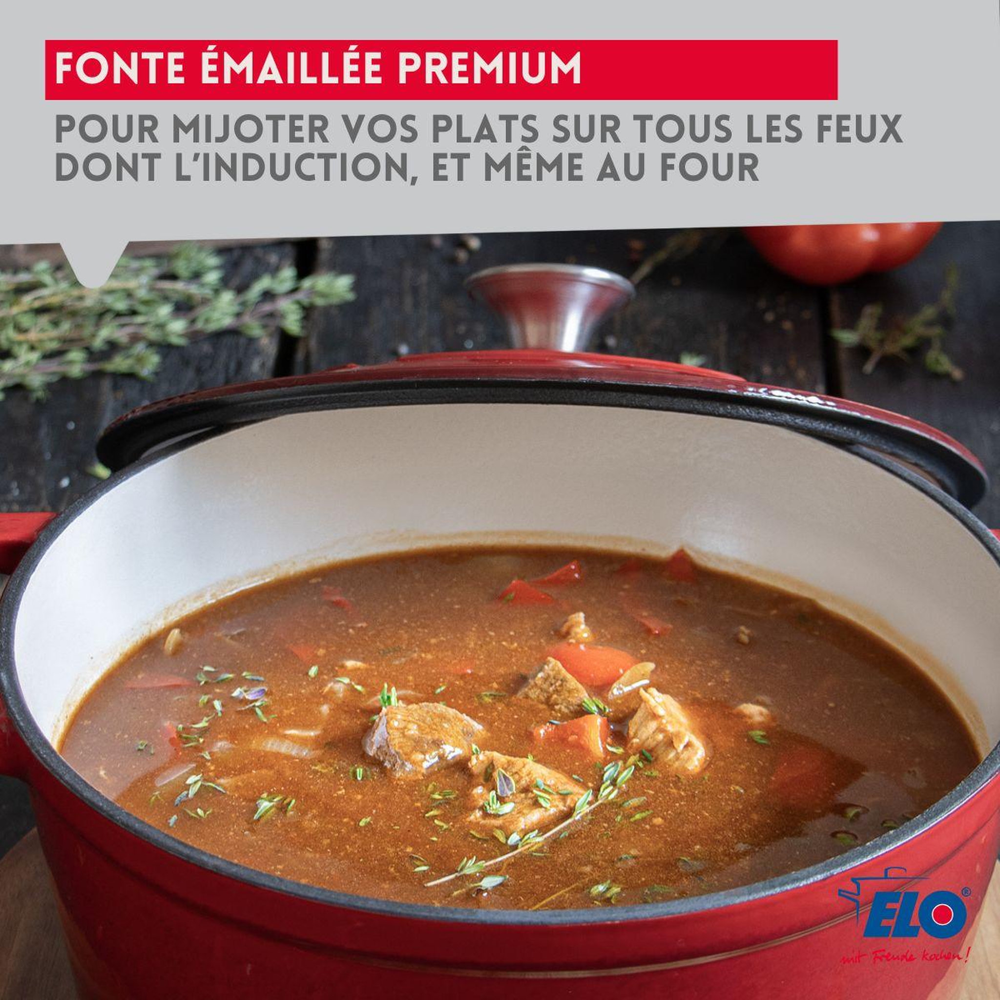Voir la diapositive 4 : ELO Cocotte en fonte émaillée basse 28 cm rouge cerise 3L Elo