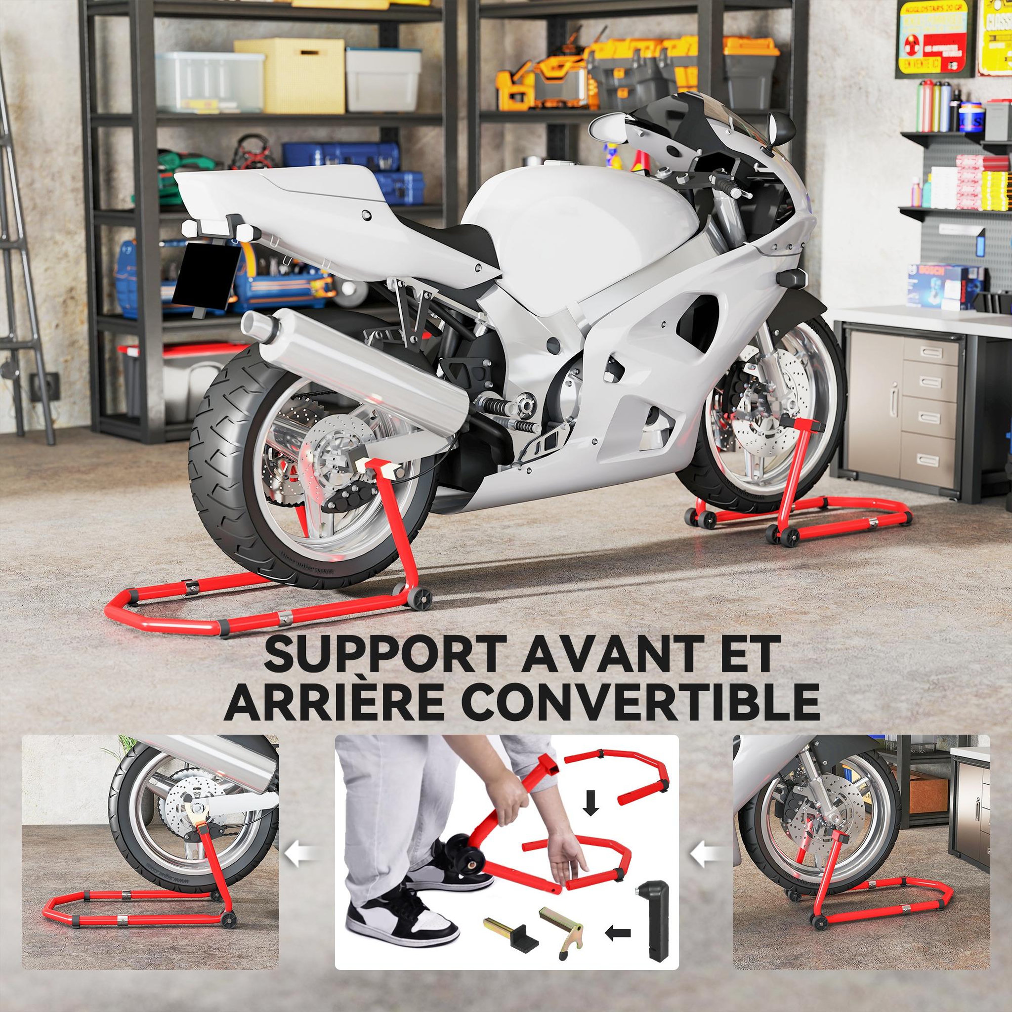 Voir la diapositive 4 : HOMCOM Béquille roue avant arrière charge 390 kg, béquille d'atelier moto avec bras réglable en acier, lève-moto fourche en forme de U + L, pour réparation entretien stockage domicile, rouge