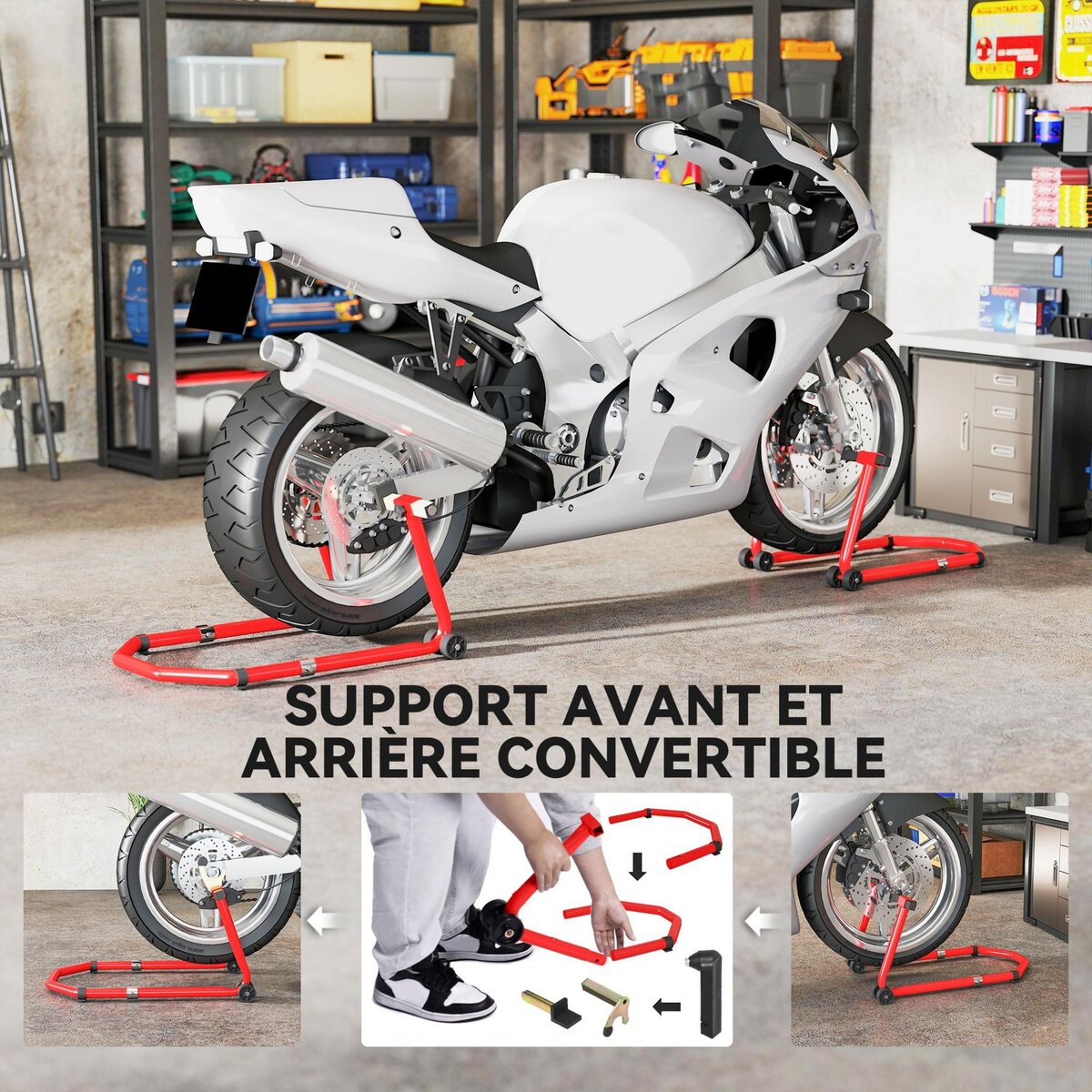 HOMCOM Béquille roue avant arrière charge 390 kg, béquille d'atelier moto avec bras réglable en acier, lève-moto fourche en forme de U + L, pour réparation entretien stockage domicile, rouge