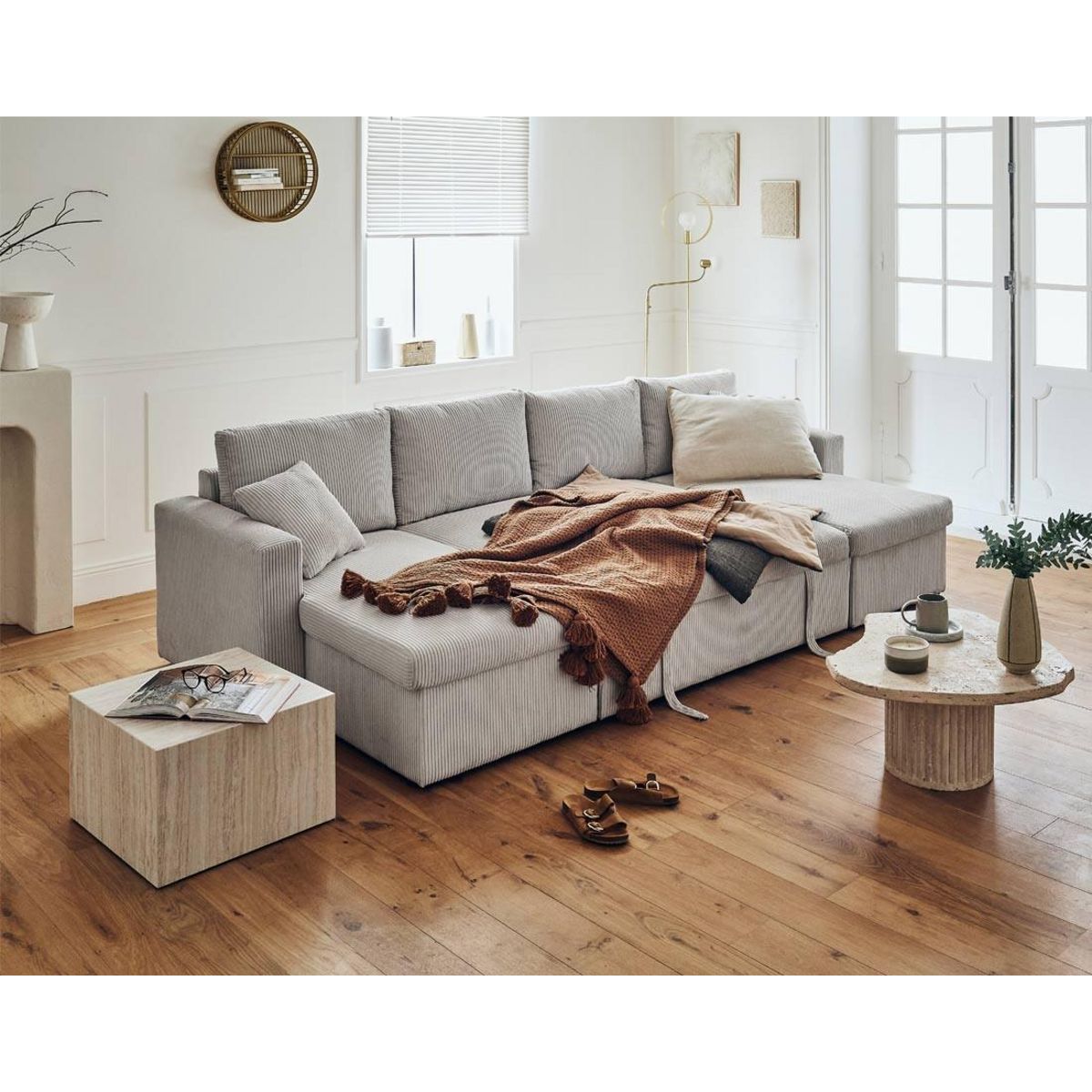 BEST MOBILIER Cyrus - canapé panoramique en u - 7 places - convertible avec coffre - en velours côtelé