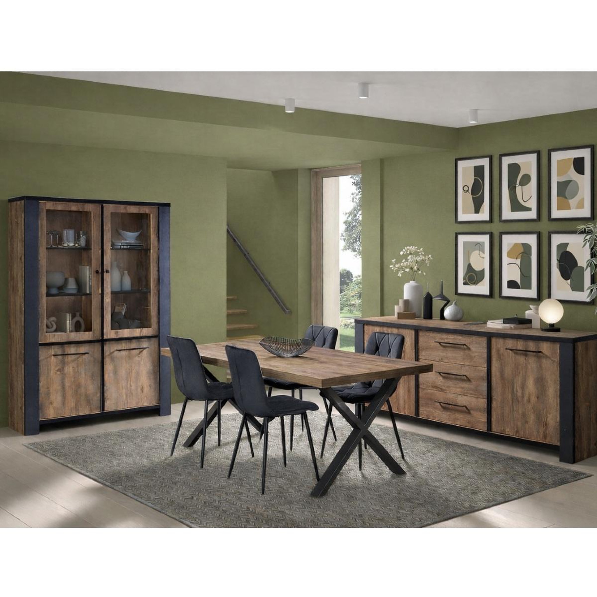 Voir la diapositive 2 : JLC KREATION Salle manger complète bois et noir SAMANTHA (buffet + table 200cm)