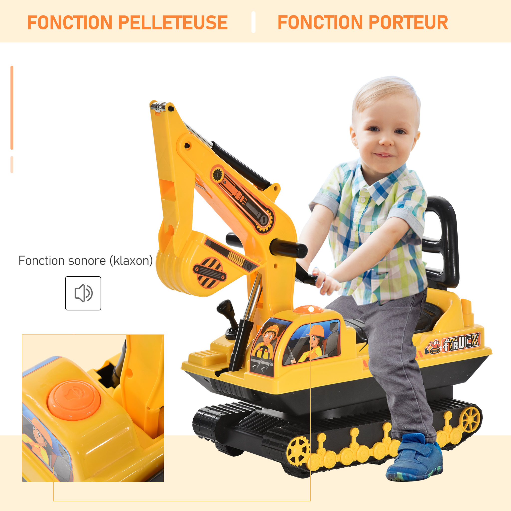 Voir la diapositive 4 : HOMCOM Porteur enfant tractopelle 12-36 mois coffre klaxon fonction pivotante jaune