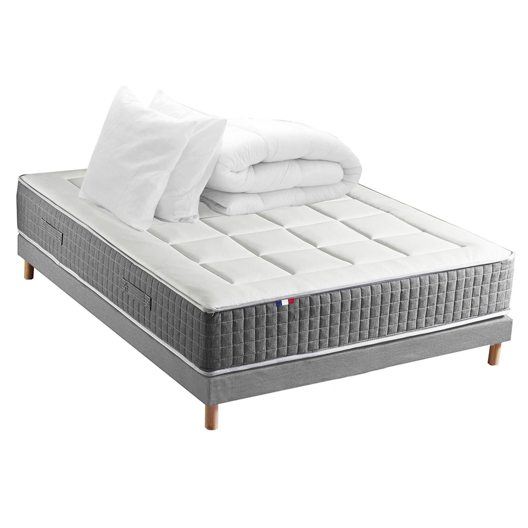 Voir la diapositive 1 : IDLITERIE Ensemble Matelas Ressort 7 zones H.28cm + Sommier + couette + oreillers Fabriqué en France MAX