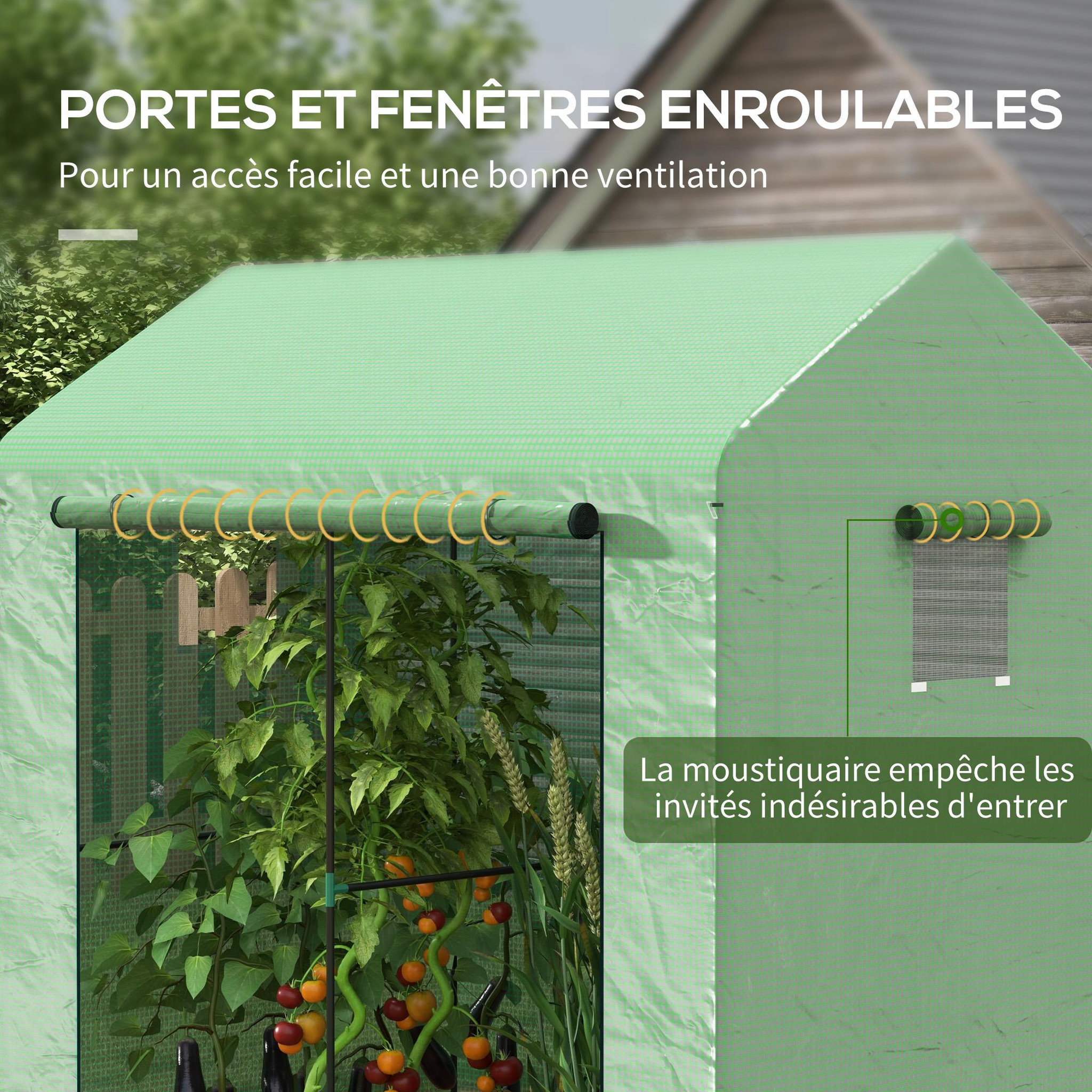 Voir la diapositive 6 : OUTSUNNY Serre de jardin 2,8 m² porte zippée 2 fenêtres acier PE vert